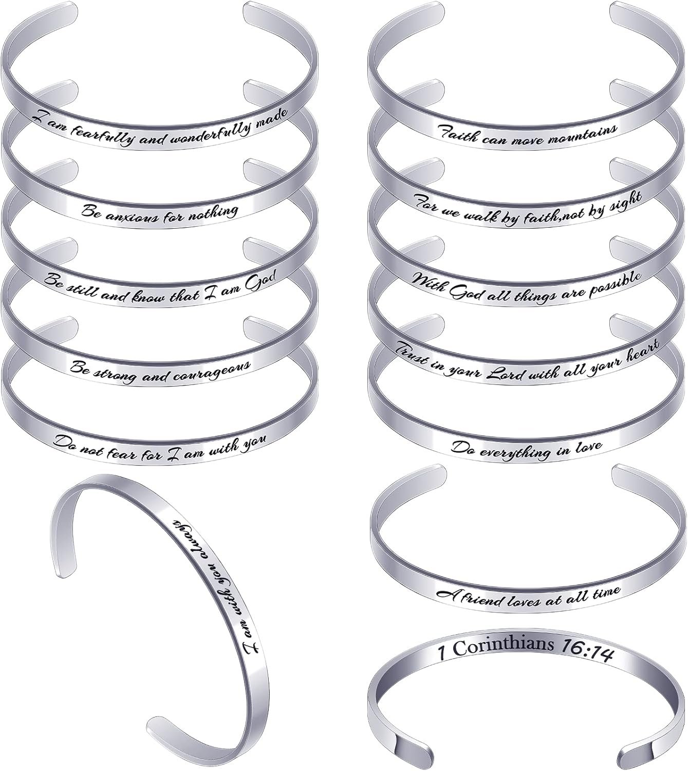 Funtery 12 Pcs Christian Bracelet Engraved Bible Verse Jewelry Easter Gift for Women Religious Baptism Inspirational Scripture Open Cuff Bangle Confirmation Gifts for Friend Encouragement(Classic)