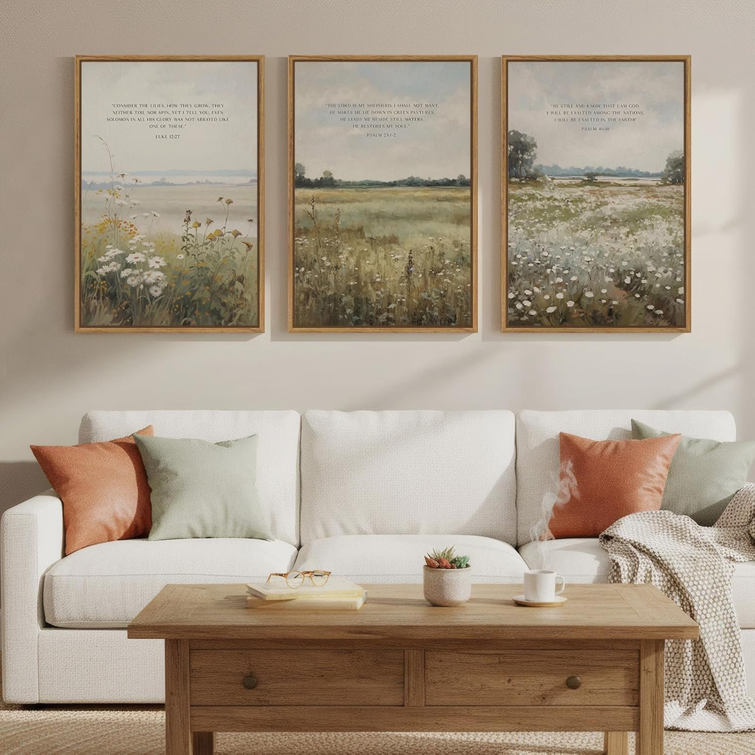 Framed Christian Wall Art Set of 3, Large Wildflower Bible Verse Canvas Prints, Vintage Pastoral Landscape Scripture Artwork for Living Room Bedroom Office Prayer Room, 16×24 Inch