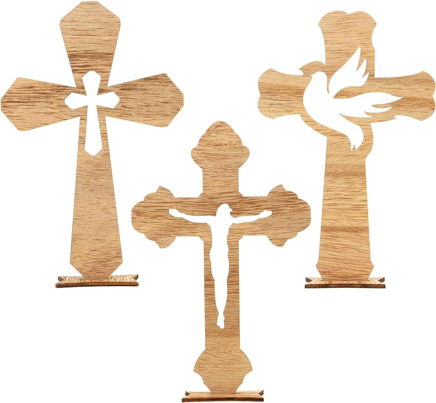KAZIPA 24 Pieces Wooden Cross Catholic Wood Crosses for Crafts,Small Baptism Centerpieces for Tables Decor,Rustic Standing Cross for First Communion,3 Styles,6.7 x 4.3 Inches (Wood)