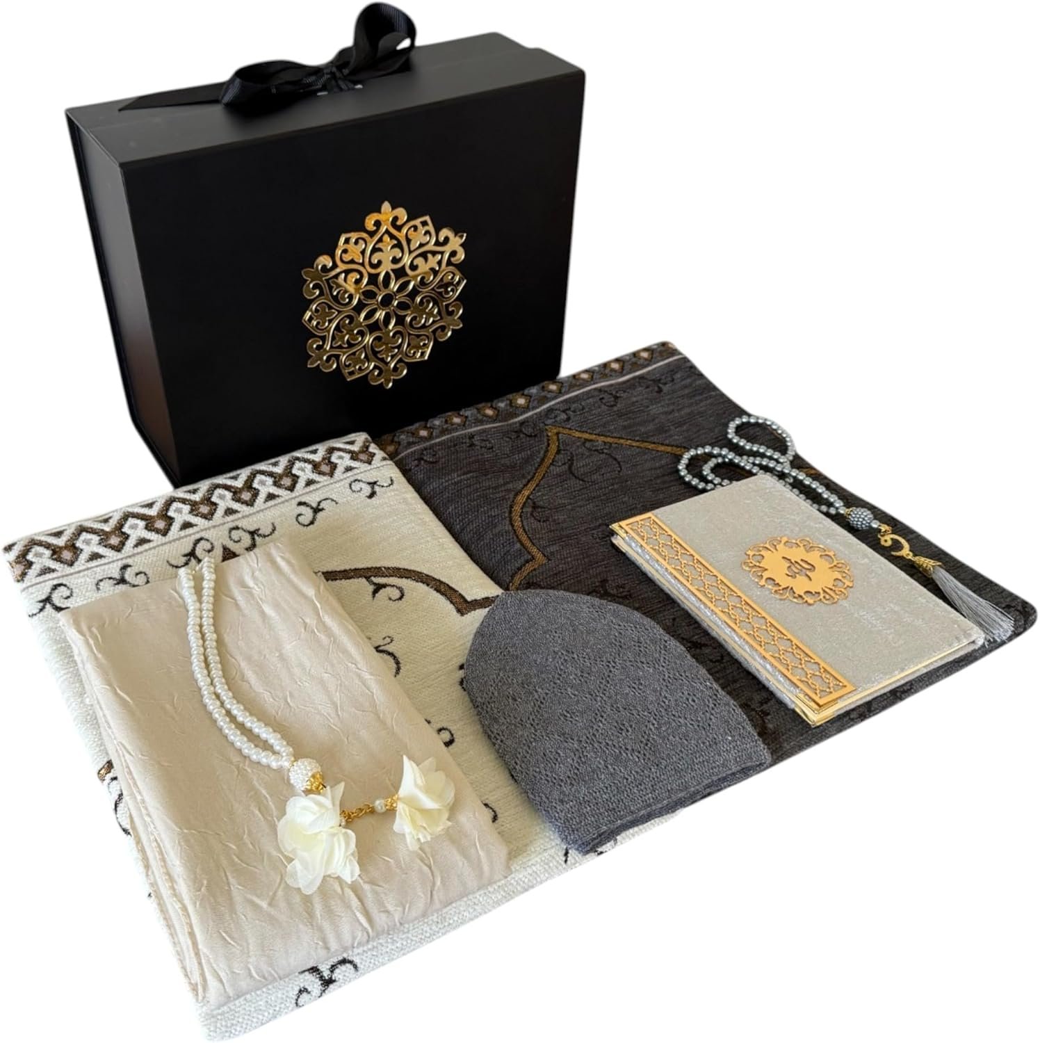 SAIKA 7 Pieces Prayer Rug Set, Prayer Rug Set for Couples & Families, Prayer Beads, Scarf, Muslim Hat, Prayer mats & Short Surahs Book, Islamic Gift, Janmaz, Salah mat, Rmadan Gift (Black Box Set)