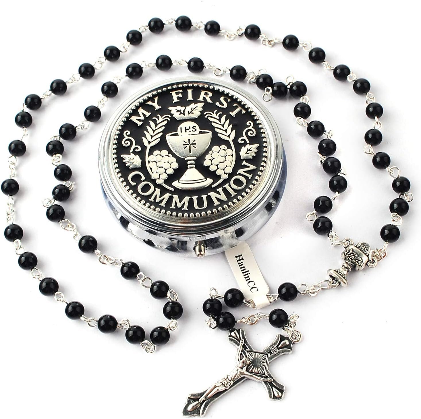 HanlinCC 6mm Glass Pearl Prayer Beads First Communion Rosary with Chalice Center Piece and Crucifix in Anti-Silver Plated Pack in Holy Cup Metal Gift Box