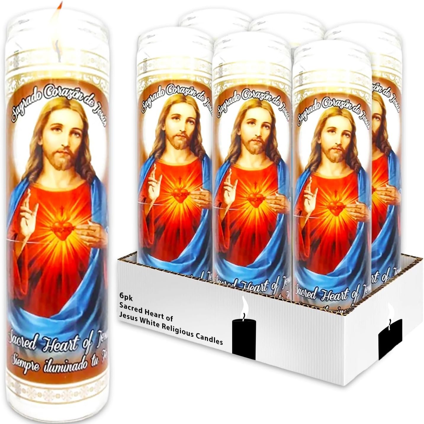 6 Pack Sacred Heart of Jesus White Religious Candles – Bundle with 8″ Corazon De Jesus Glass Devotional Candles for Vigils, Prayers, Blessing Ceremonies, More