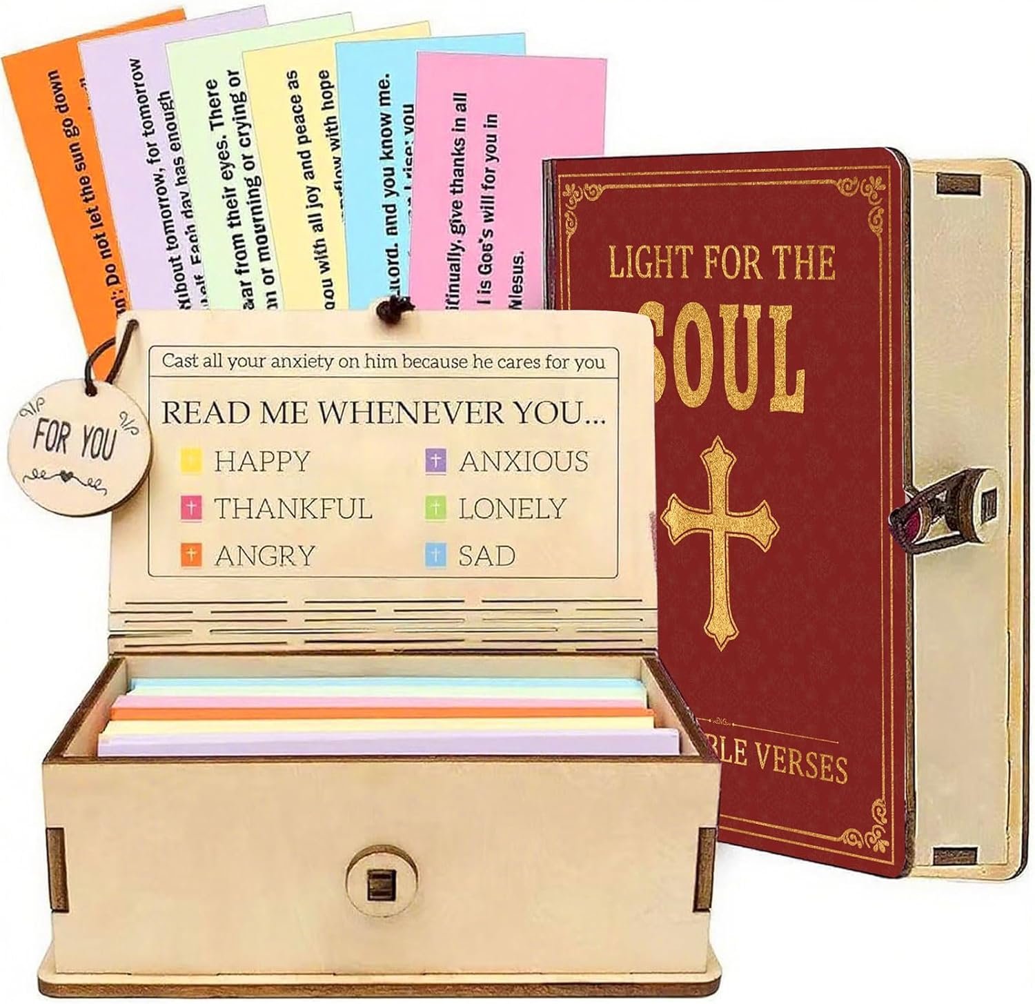 Bible Verse Wooden Box – 150 Color Coded Scripture Cards for 6 Emotions, Christian Gift for Expressing Feelings, Graduation, Mother’s Day, Religious Prayer Box for Men & Women