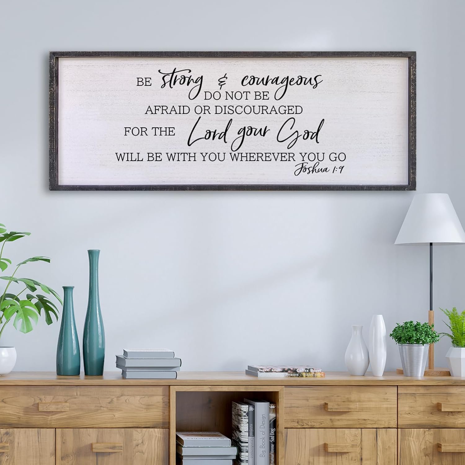 Be Strong And Courageous Sign Wall Decor 40″x15″ Large Farmhouse Living Room Plaque Joshua 1:9 Bible Verse Inspirational Quote Positive Faith Home Hanging Rustic Catholic Scripture Christian Art (Black)