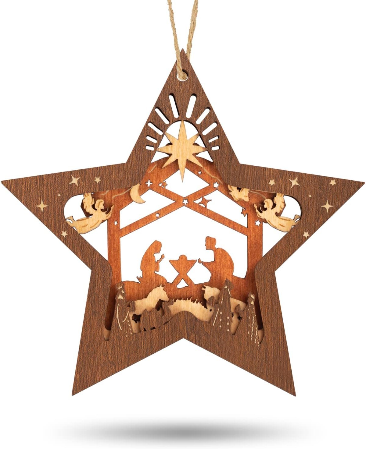 Creawoo Nativity Scene Ornaments, Christmas Wooden Hanging Ornament Star Shaped Nativity Scene Keepsake for Xmas Tree, The Birth of Jesus Decoration, Religious Gift for Family Friends and Christian