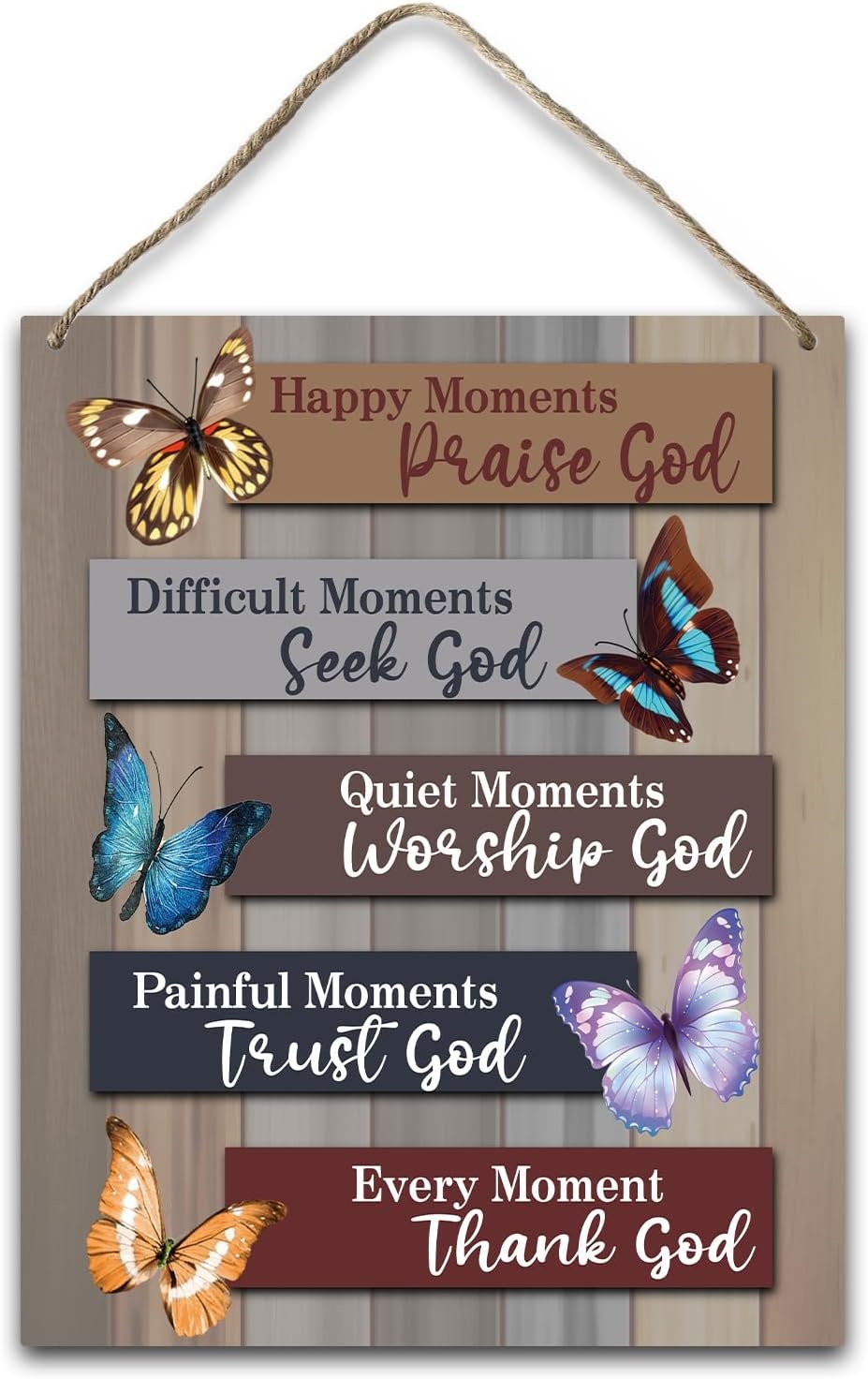 Christian Hanging Plaque With Rope, Home Wall Decor Wood Happy Moments Praise God Sign, Door Butterfly Bible Verses Sign for Study Dining Room Bedroom, Farmhouse Art Plaque Gift for Her -18