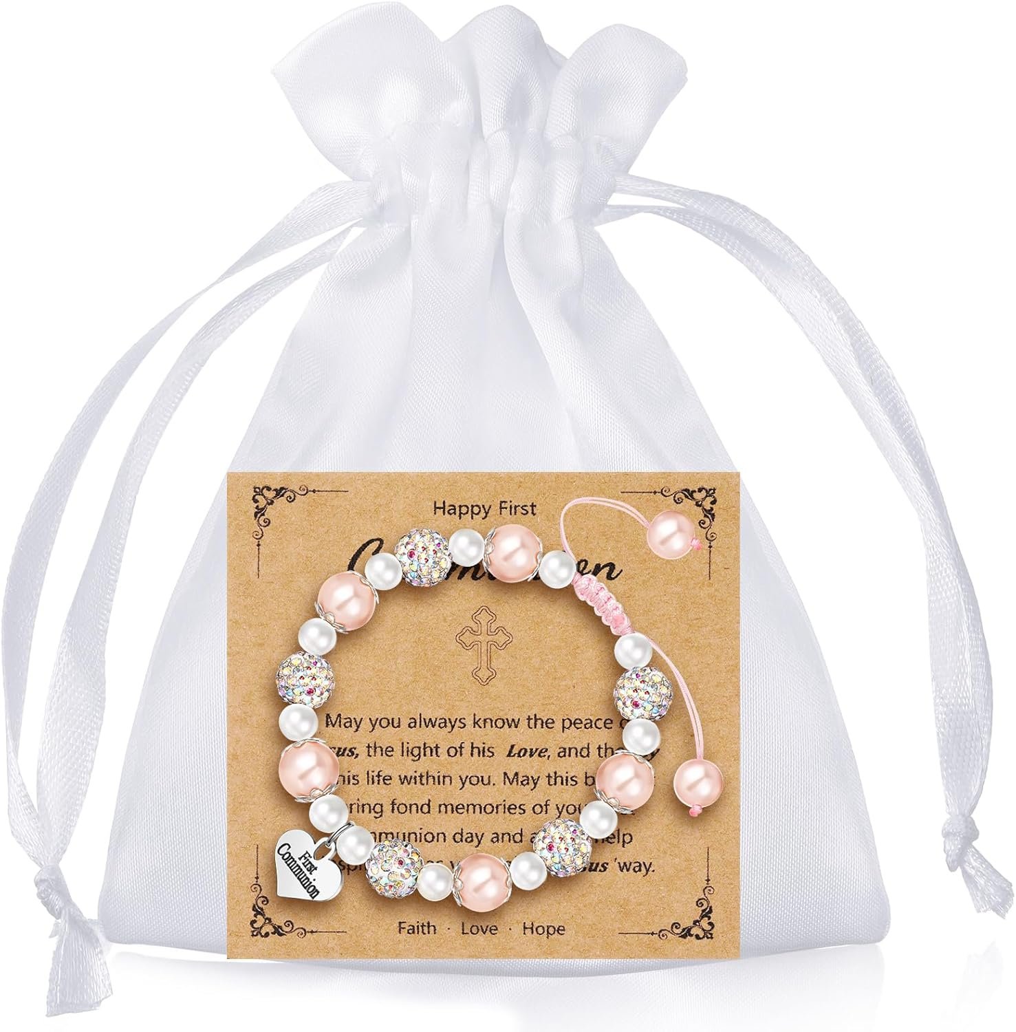 Quelay First Communion Bracelet with Bag and Prayer Card Gift Set Pearl and Rhinestone Beaded Bracelet Baptism Christian Gift (Heart)