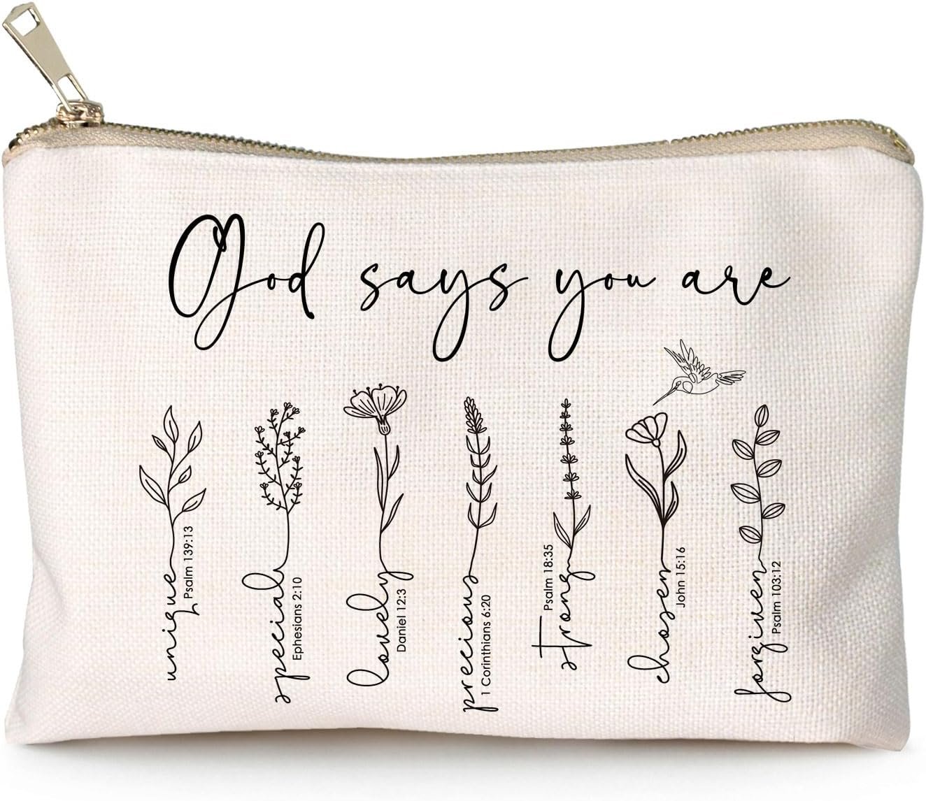 God Says You Are Makeup Bag, Christian Bible Verse Cosmetic Pouch for Women, Inspirational Floral Toiletry Bag, Positive Affirmation Gift for Her, Travel Makeup Case (God says you are…)