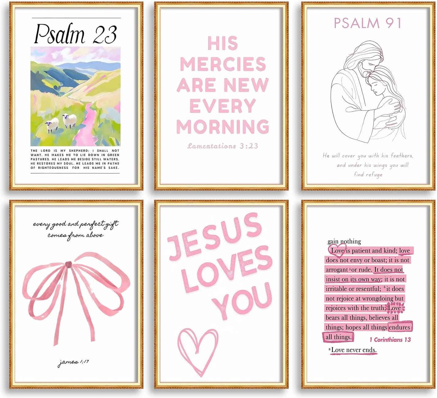 Pink Christian Wall Art Preppy Bible Verses Painting Pictures Psalms Wall Decor Trendy Bow Christ Jesue Poster Print Artwork for Living Room Girls Room Prayer Room Home Decoration （Unframed）