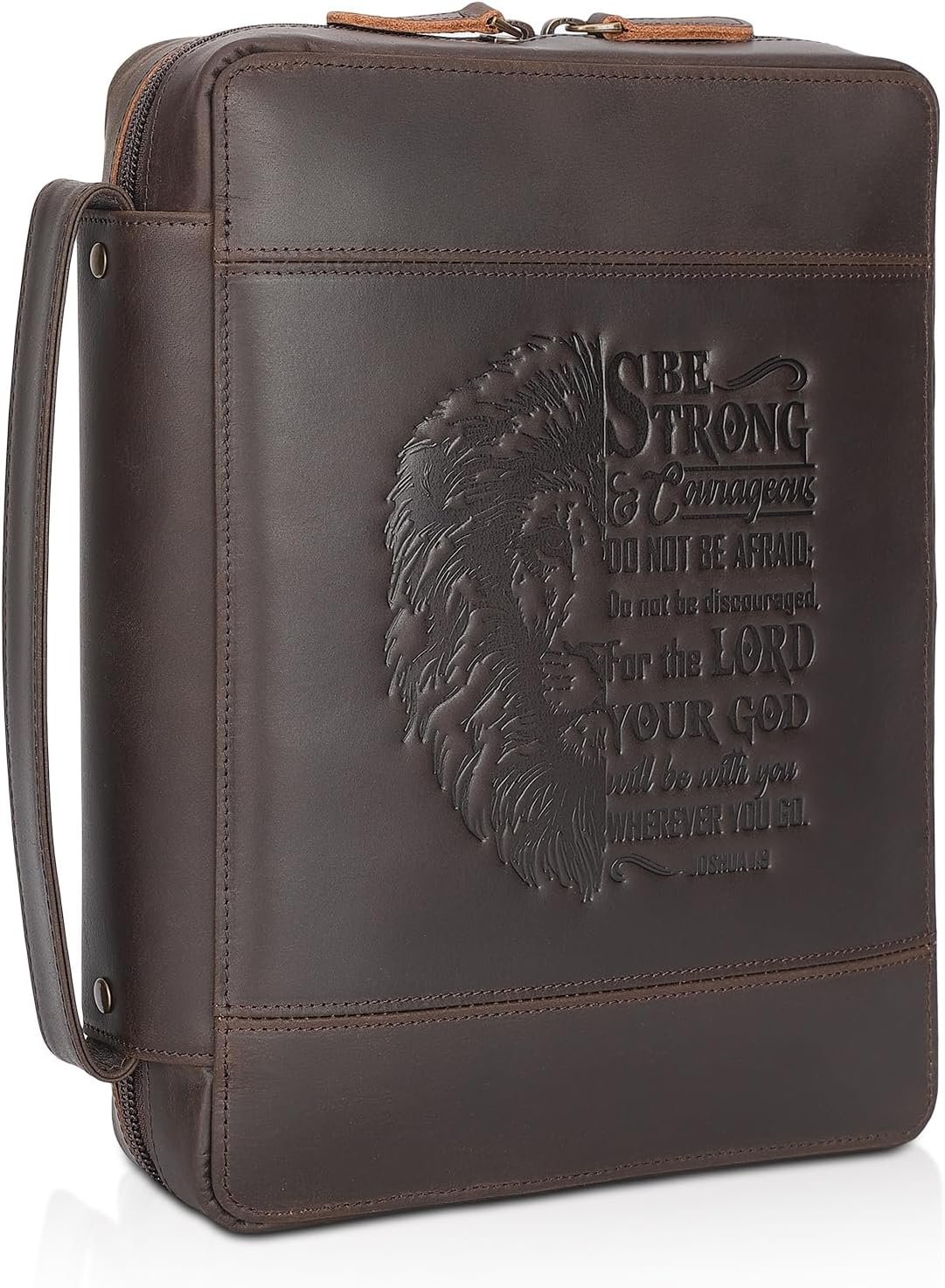 Polare Full Grain Leather Bible Cover Church Bag 10.5×7.75×2.25 inch Carrying Book Case Bible Protective with Handle and YKK Zipper Christian, Religious Gifts for Men Women