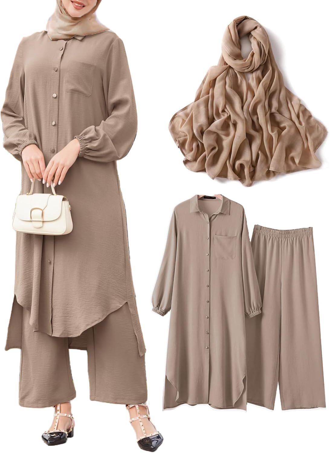 APRROOT Abayas Dress for Women Muslim Robe Islamic Kaftan 3 PCS Set Long Sleeve Button Shirts Pants Hijab Dubai Outfits