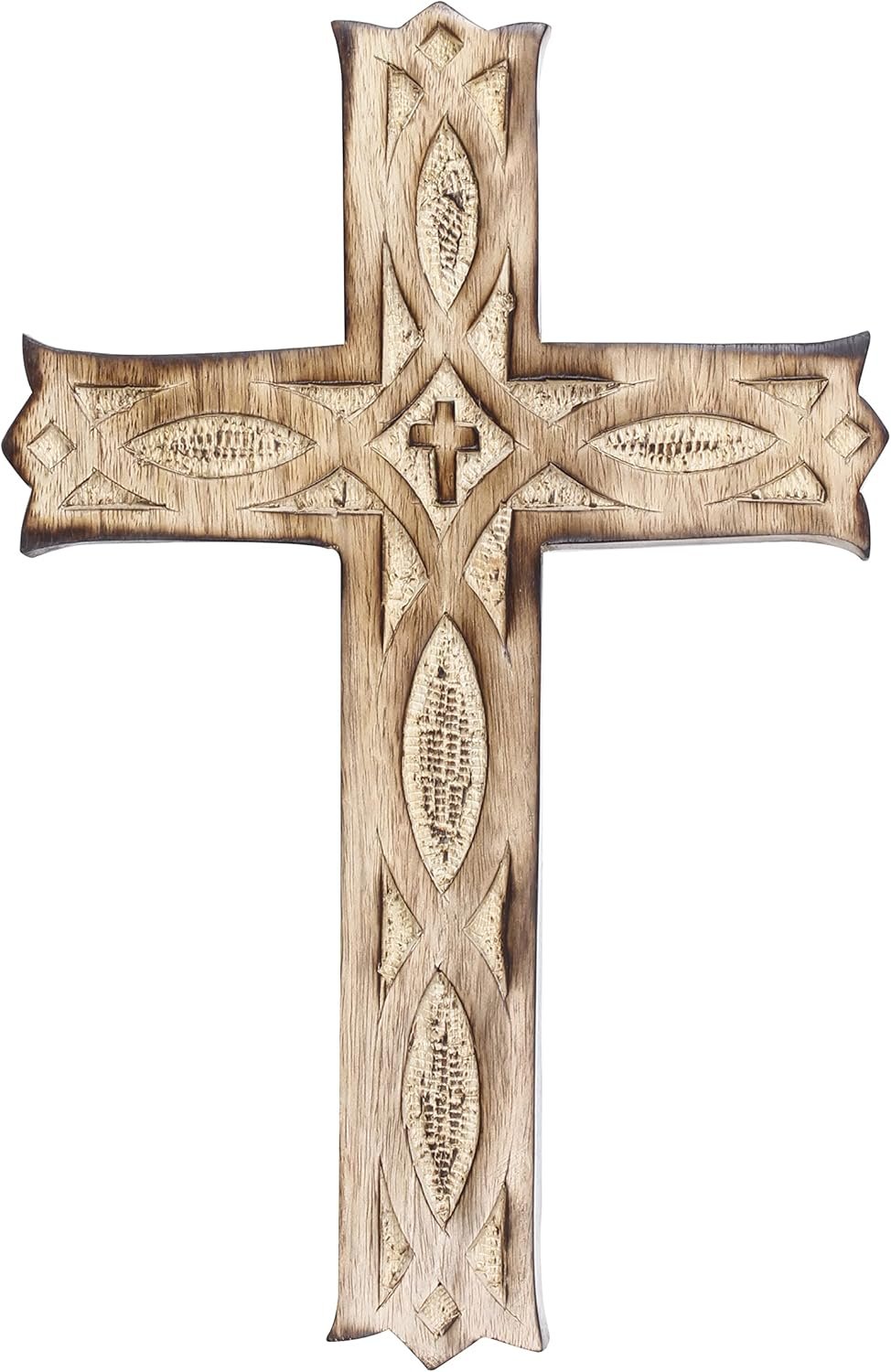 ARTISENIA Wooden Wall Cross Plaque 9″ Long Hanging with Hand Carvings Religious Altar Home Living Room Decor