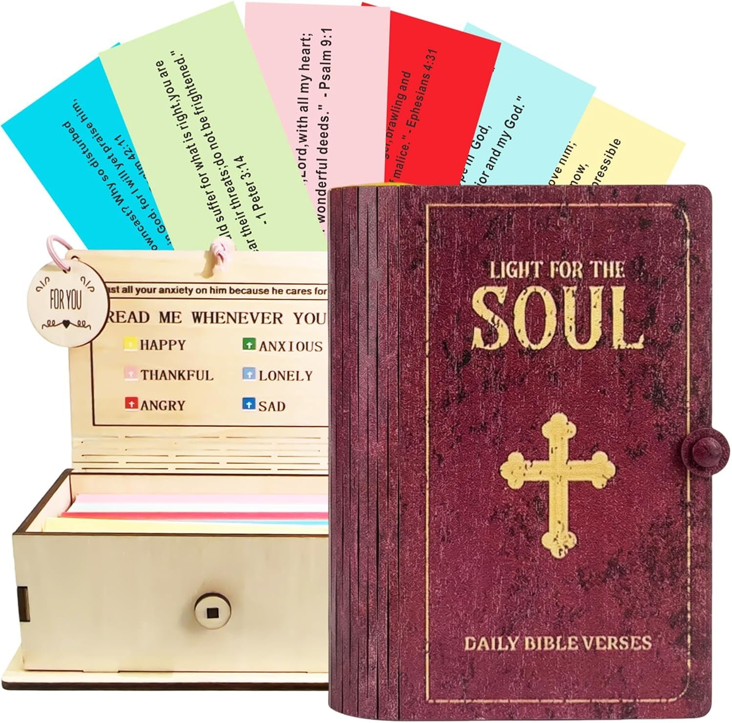Christian Bible Verse Gift Box – 150 Color-Coded Scripture Cards for Anxiety, Grief and Encouragement – Wooden Keepsake Box, Religious Easter Birthday for Women