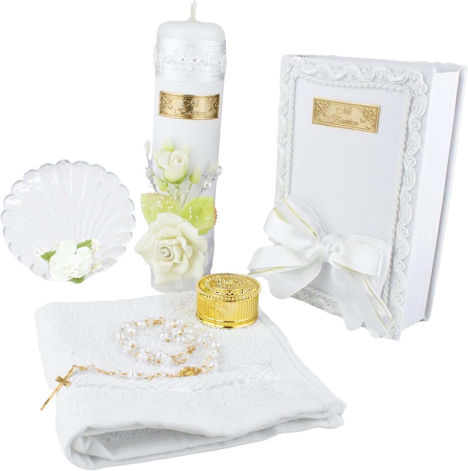 5 Pcs White Baptism Candle Set for Girls and Boys – Velas para bautizo – Vela de bautizo – Catholic Baptism Candle – baptismal kit with Shell and Bible