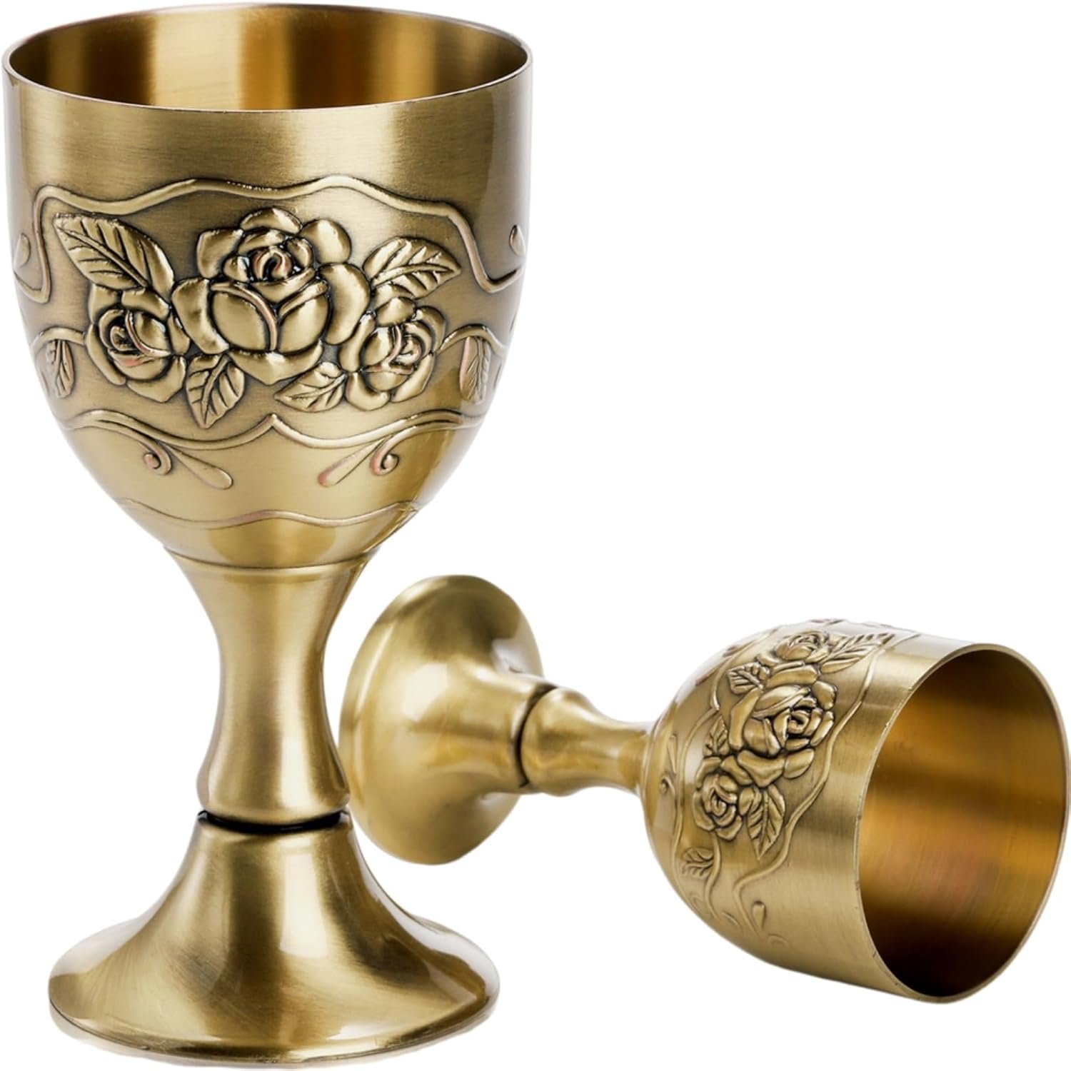 DEAYOU 2 Pack Mini Vintage Chalice Goblet, Flower Embossed Gold Communion Cup, Food Safe Sturdy Brass Shot Wine Glass for Liquor, Ritual, Buddha, Altar, Wedding, Blessing, 2 Sizes, 5 OZ/1 OZ