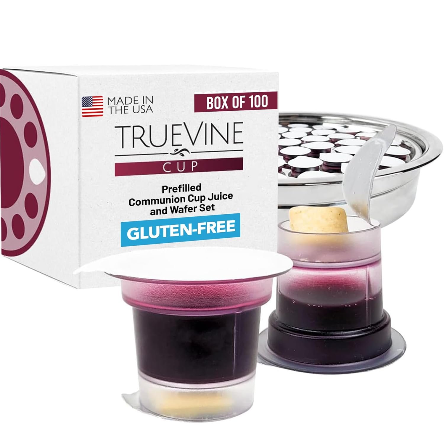 TrueVine Top & Bottom Communion Cups and Wafer Set – Prefilled Cups with Gluten Free Bread & Grape Juice – Carefully Packaged & Easy to Open, Ideal First Communion (100 Count)
