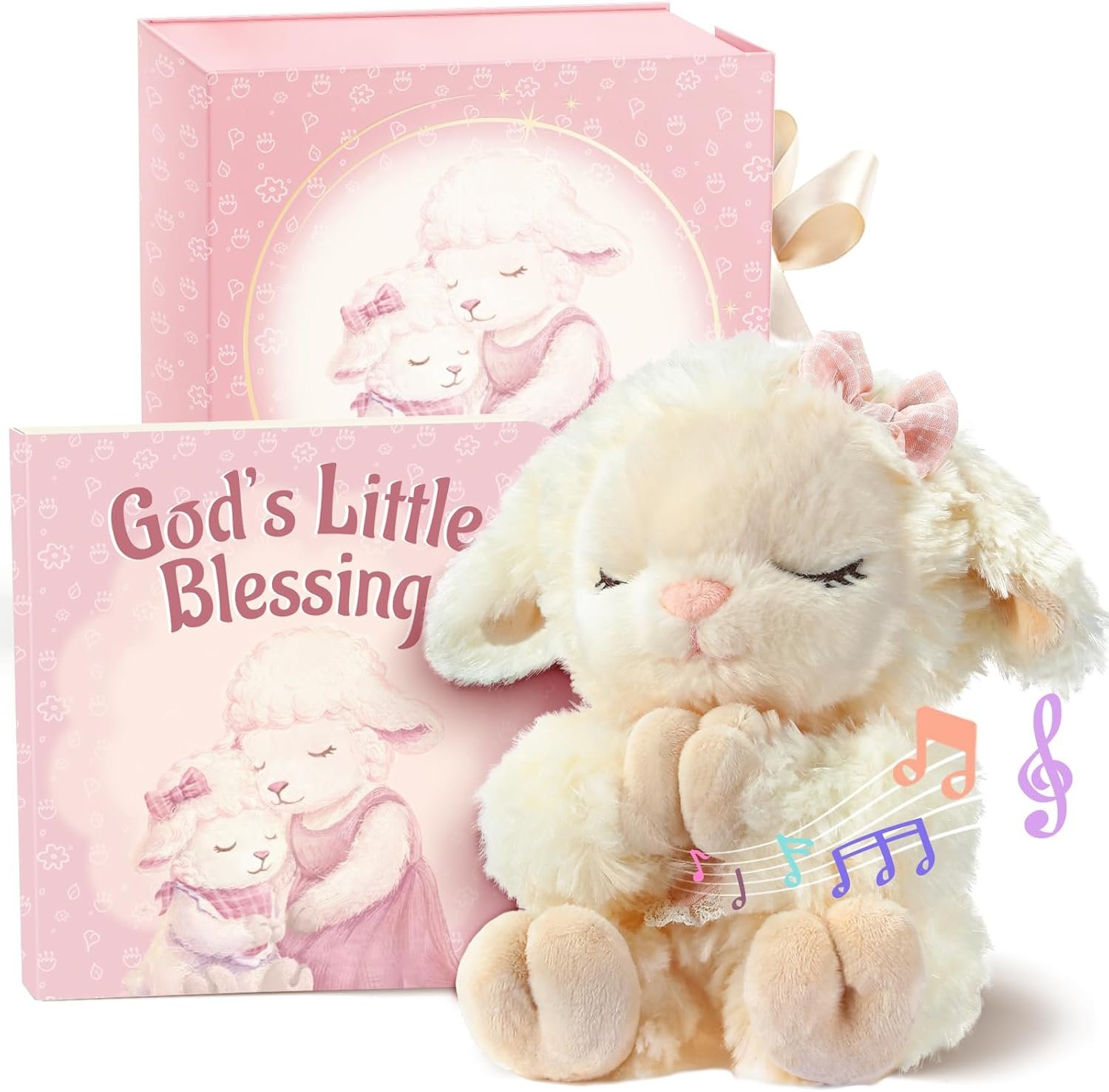 Baptism Gifts for Girl, Catholic Christening, Baby Dedication & Baptismal Gift Set for Baby Girls & Kids – with 9″ Musical Praying Lamb Plush Toy & God’s Little Blessing Book in Keepsake Box