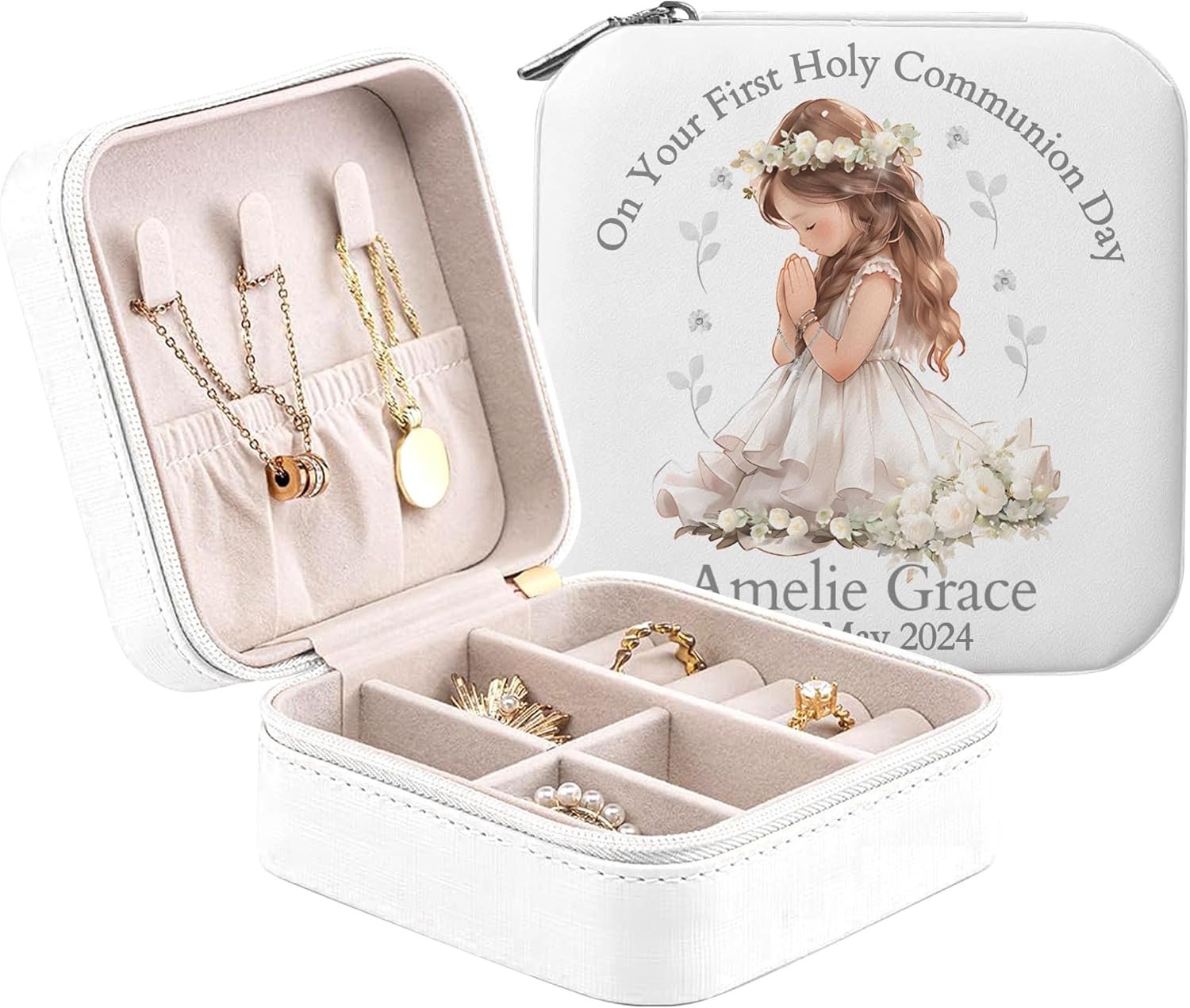 Personalized First Communion Jewelry Box Gifts for Girls – Custom Engraved Keepsake Box with Name & Date, Religious Memory Jewelry Storage for First Holy Communion