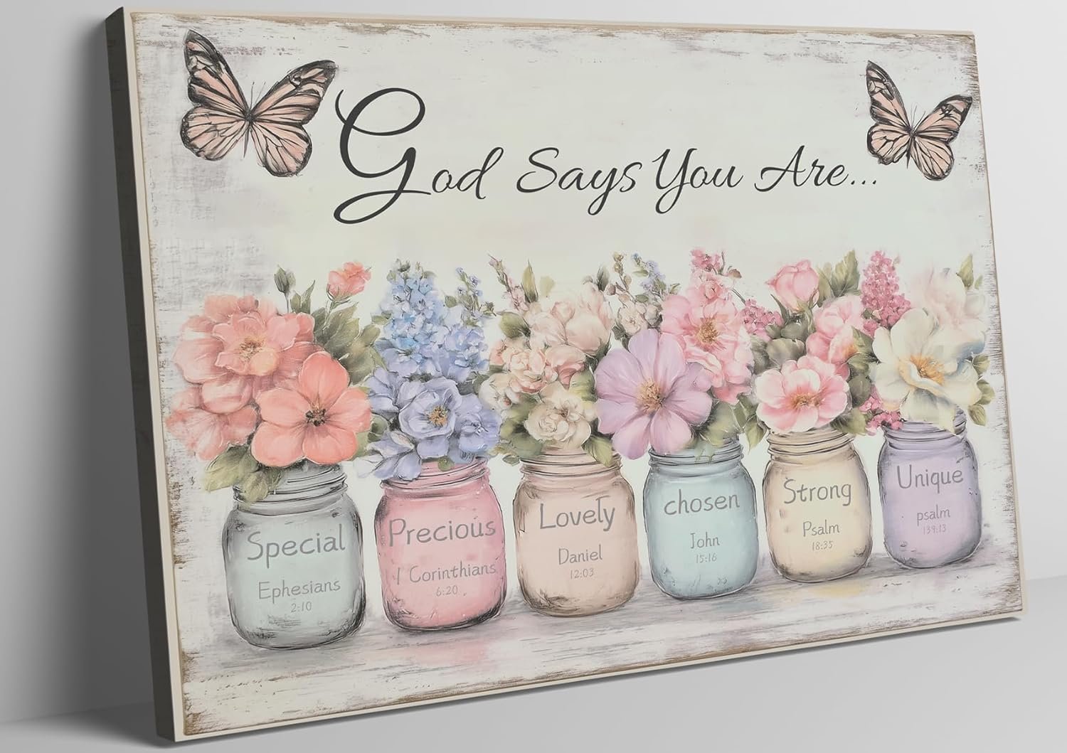 XRZ Scripture Wall Art: God Says You Are Wall Art, Spiritual Religious Wall Decor, Christian Inspirational Bible Verse Gifts for Women, Mason Jar Butterfly Prints 12×16 Inch Bedroom Decor, Pink
