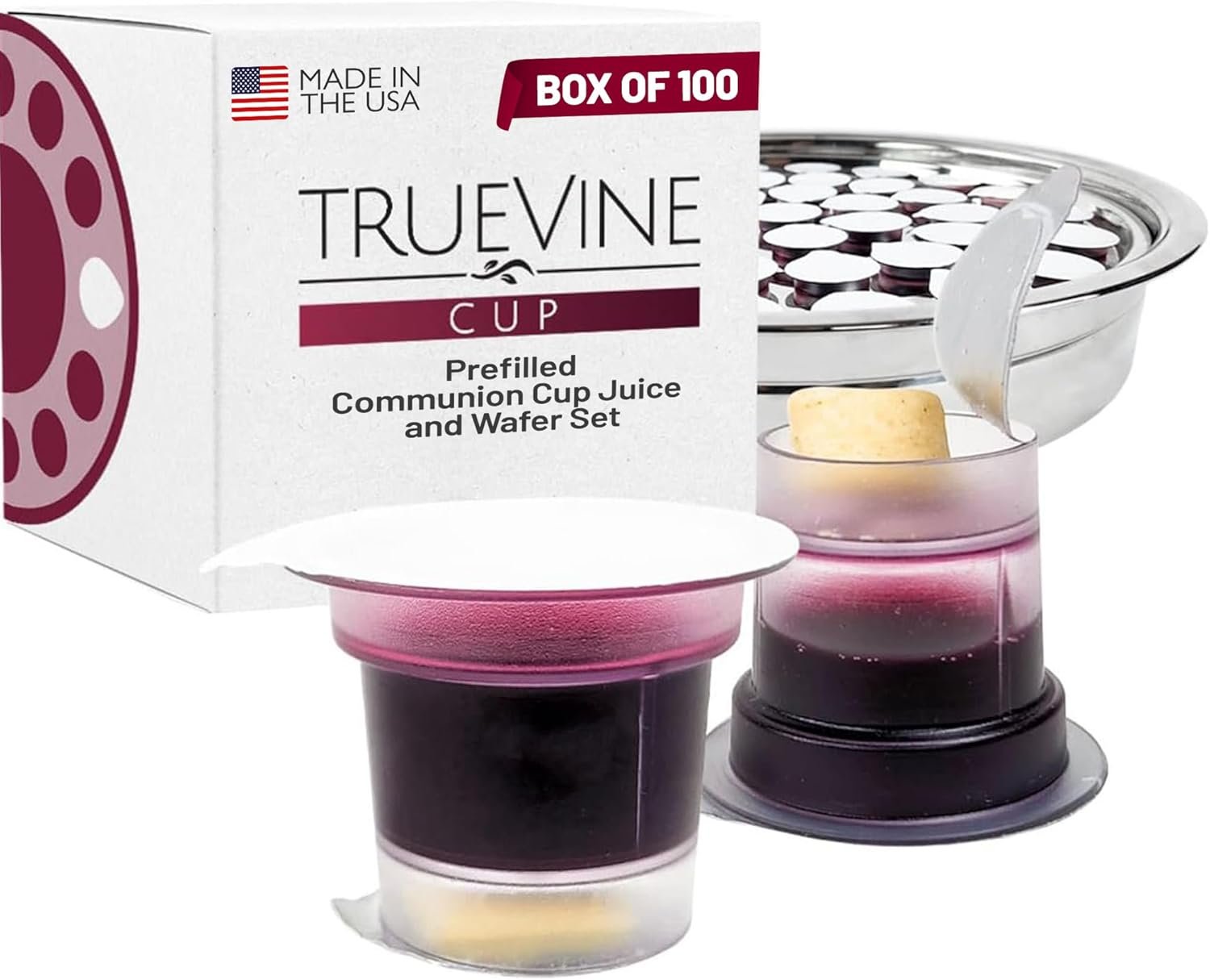 TrueVine Top & Bottom Communion Cups and Wafer Set – Prefilled Cups with Fresh Unleavened Bread & Grape Juice – Carefully Packaged & Easy to Open, Ideal First Communion Favors for Guests (100 Count)