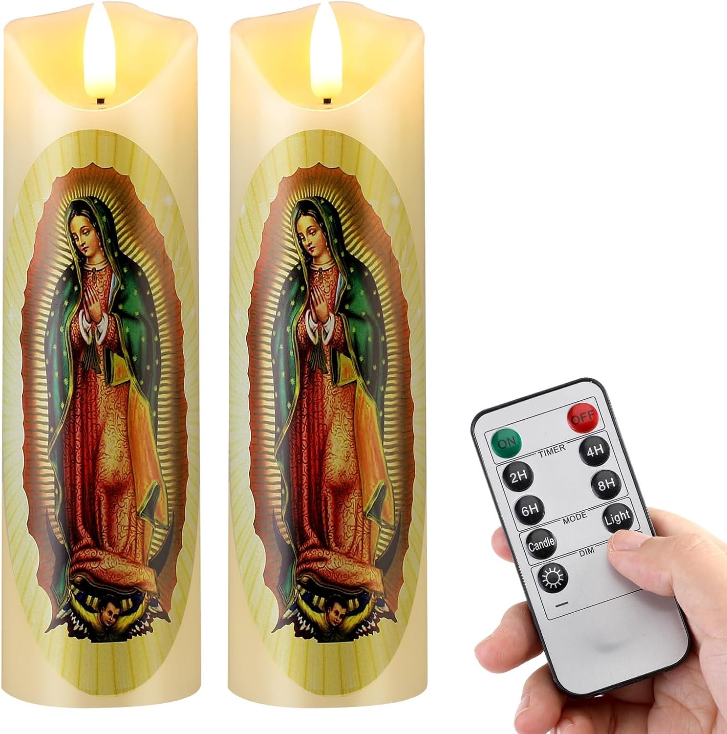 Baquler 2 Pcs Religious Flameless LED Prayer Candle Real Wax Baptism Set Devotion Candles Religious Decoration Gift for Home and Office, Battery Operated with Remote Control(Lady of Guadalupe)