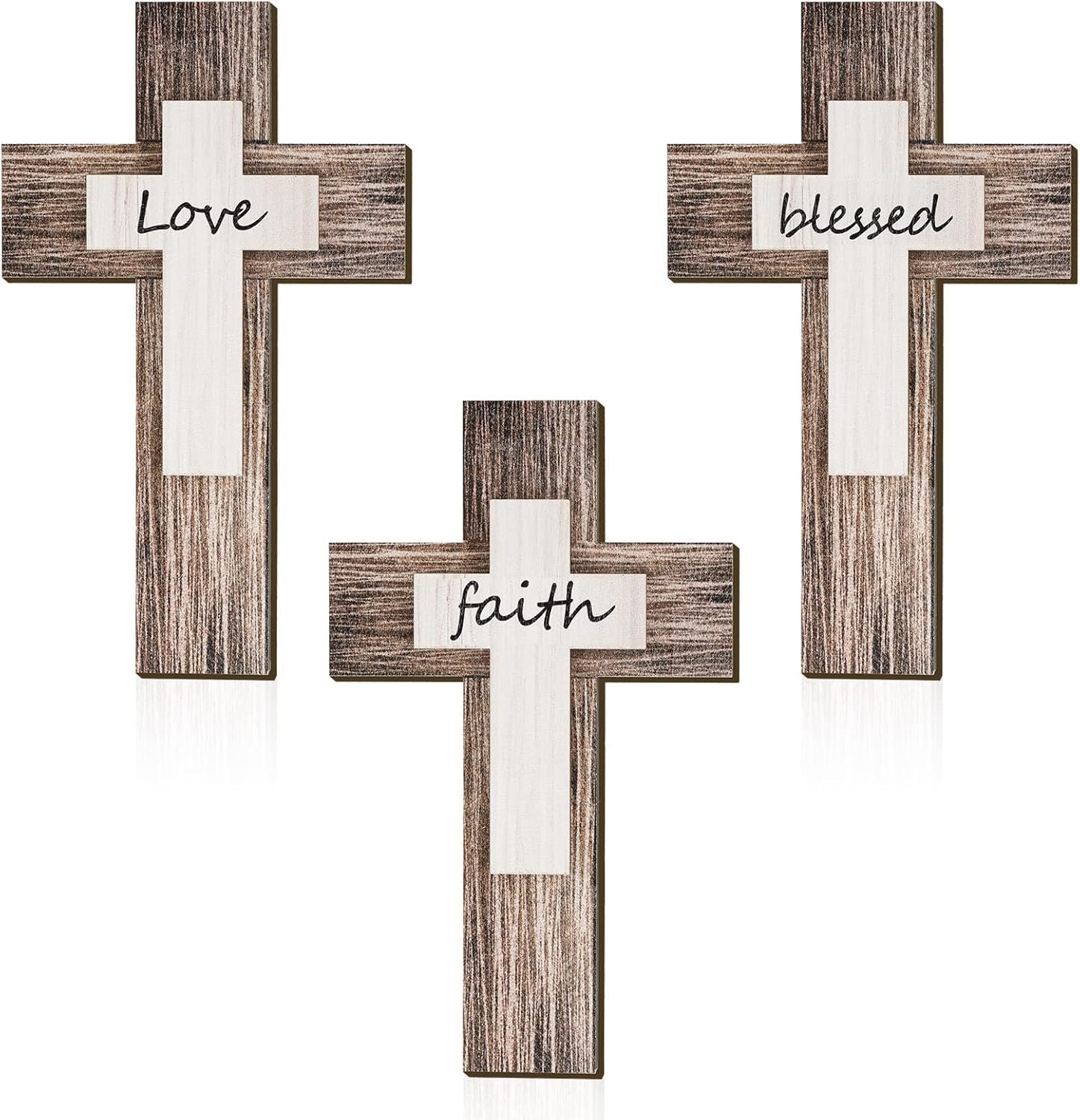 Yalikop 3 Pieces Wooden Cross Wall Decor Christians Cross Sign Faith Love Blessed Wooden Decoration Rustic Vintage Wall Art Religious Hanging Sign Inspirational Farmhouse Home Hanging Decor