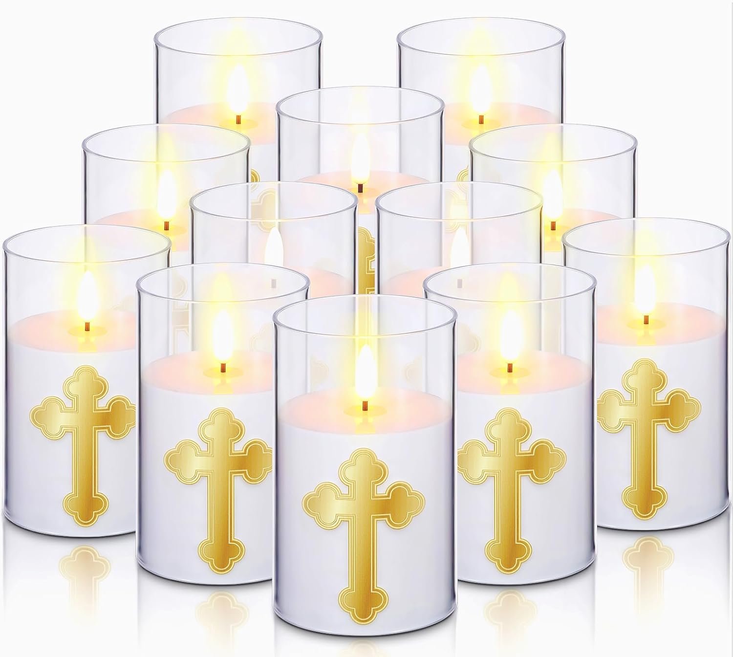 Baquler 12 Pcs Flameless LED Devotional Prayer Candle Easter Cross Flameless Candle Battery Powered 7 Day Sanctuary Candlestick Easter Religious Decoration for Church Hospital Home Altar 3×5 Inch