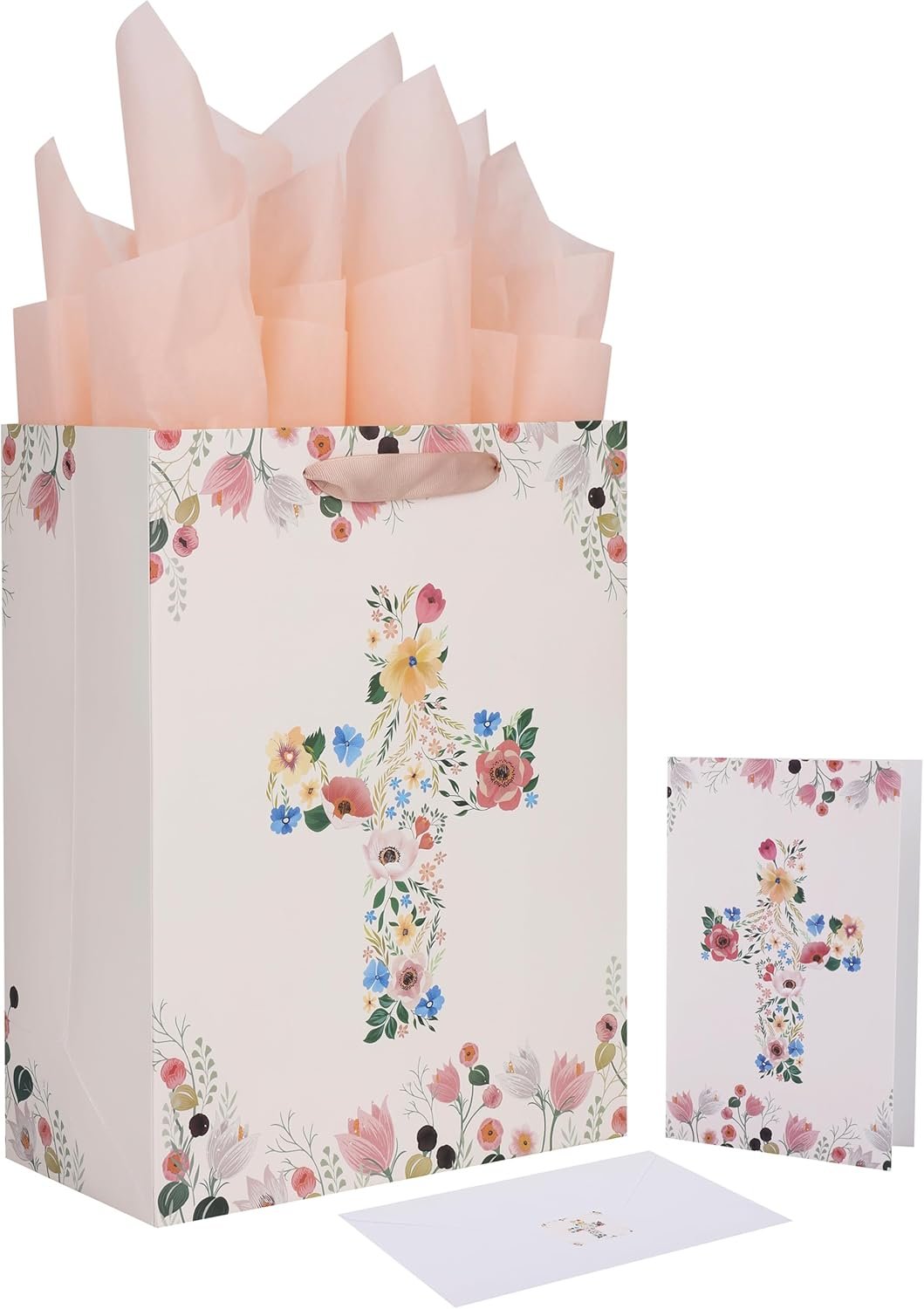 Qirrmiy 13″ Large Light Yellow Floral Gift Bag Set with Greeting Card and Tissue Papers for First Communions, Baby Girl Baptisms, Christenings, Religious Occasions – 10.2’x5.2’x13′, 1 Pcs.