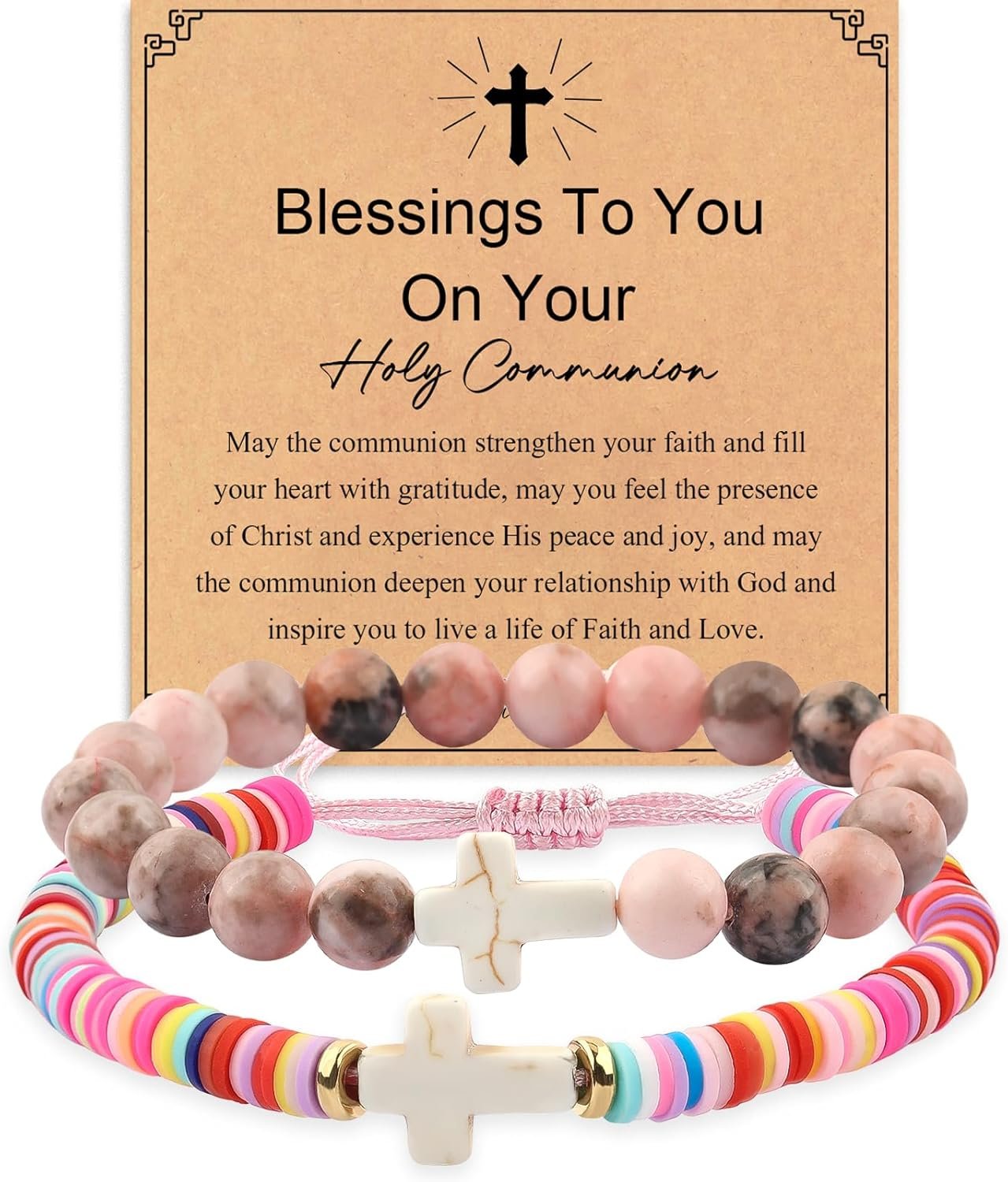 Cross Bracelet Baptism Gifts Easter Basket Stuffers First Communion Adjustable Clay and Stone Christ Holy Water Bracelet Faith Jewelry for Daughter Granddaughter Niece