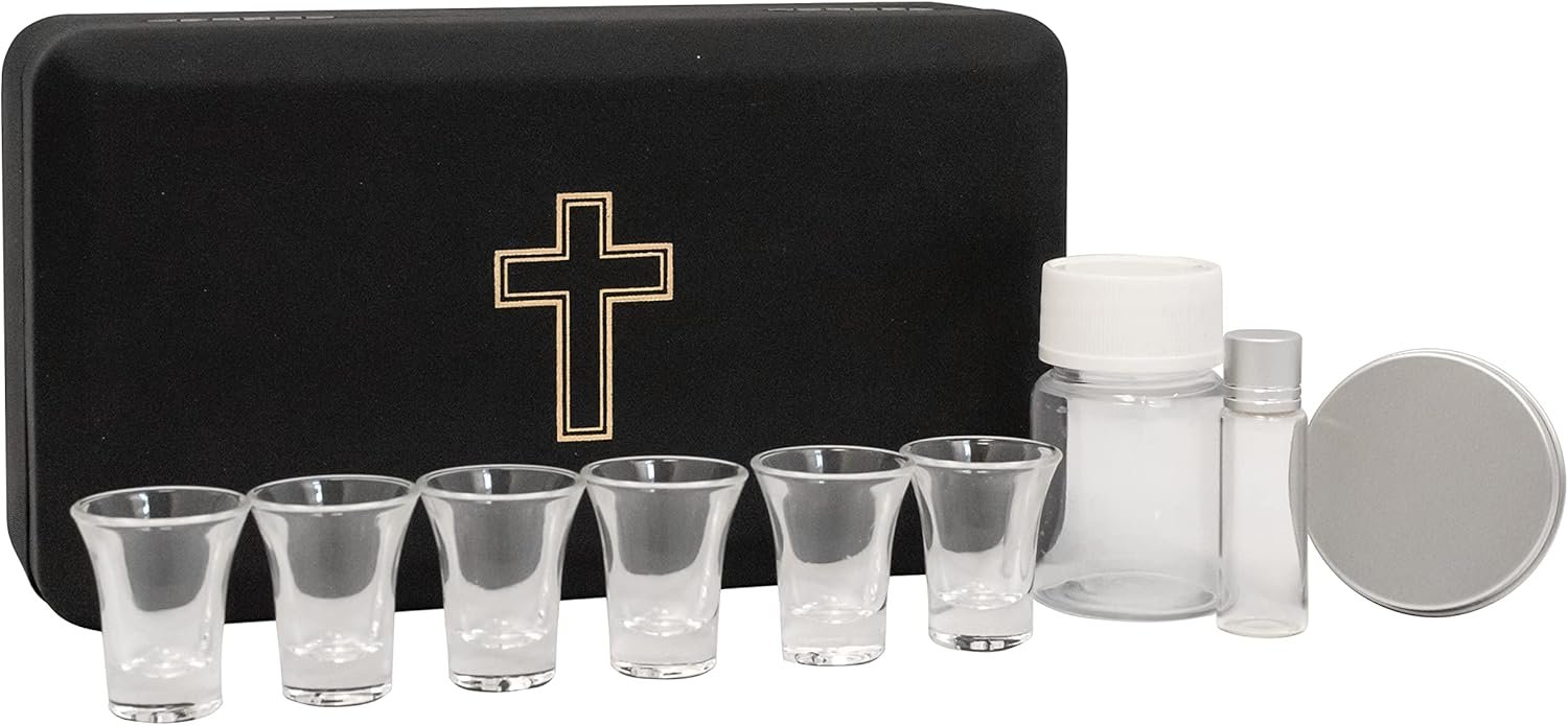 Portable Communion Service Set | Hard Case with Bottle for Wine, Vial for Oil, Six Glass Cups, and a Tin for Hosts | Great Catholic Gift for Ordination