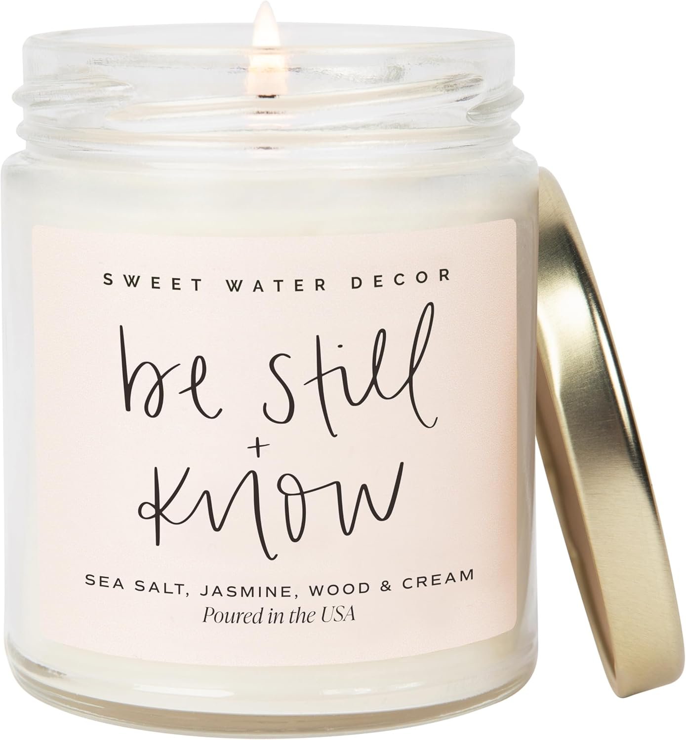Sweet Water Decor, Be Still and Know, Sea Salt, Jasmine, Cream, and Wood Scented Soy Wax Candle for Home – Christian Candle Gifts for Women – 9oz Clear Jar, 40 Hour Burn Time, Made in the USA
