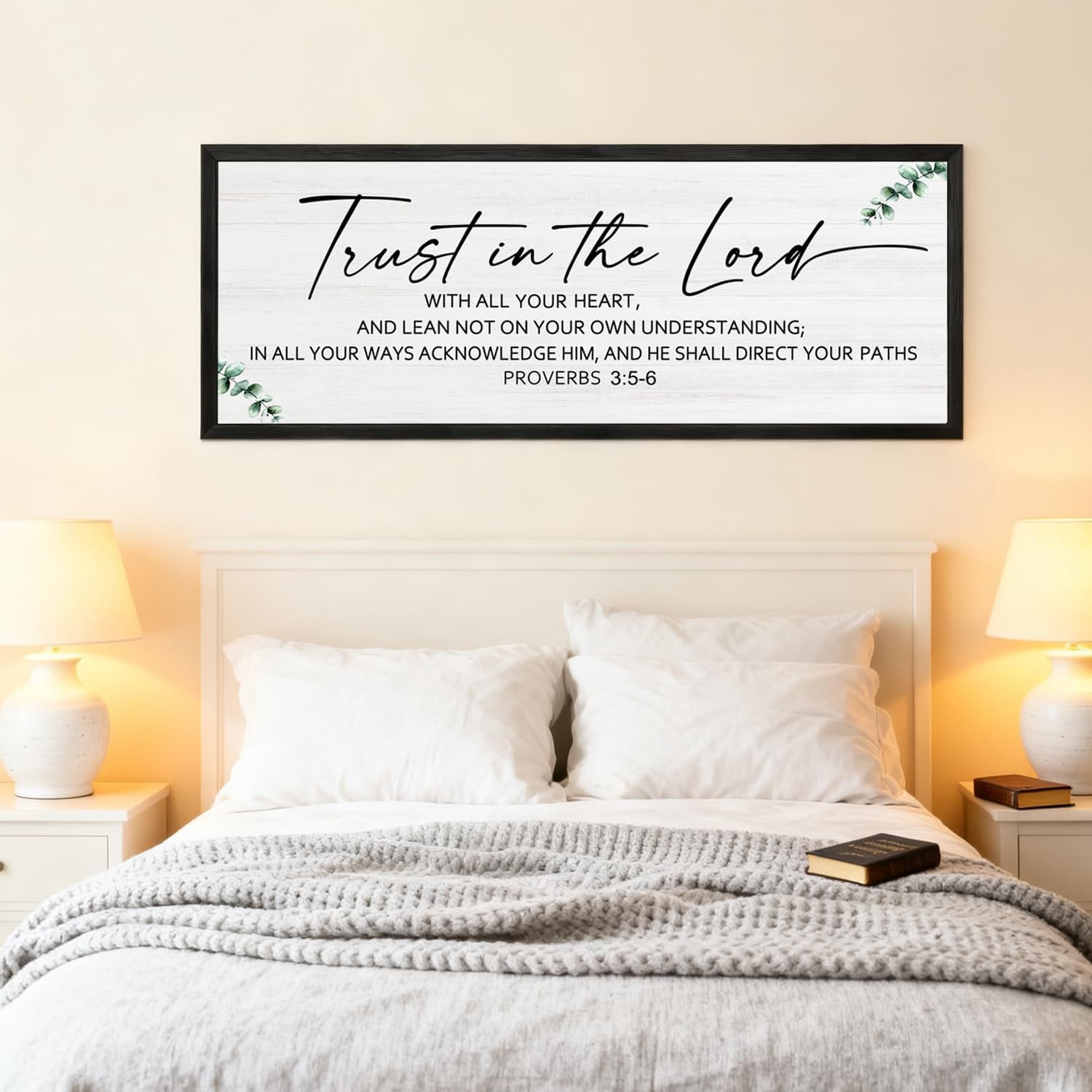 Trust in the Lord with all Your Heart Framed Wall Art, Positive Religious Black Bible Verse for Christian God Jesus Christ Prayer, 40”×15” Rustic Long Holy Catholic Scripture Decor Black