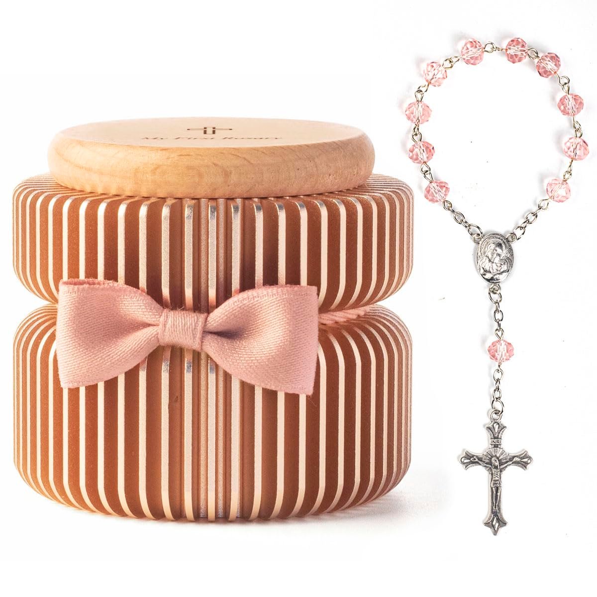 Baptism Gifts for Baby Girl, My First Rosary and Shatterproof Aluminum Keepsake Box, Catholic Christening, Dedication and First Communion Gift with Engraved Wooden Lid, iwoohome (Pink Gold)