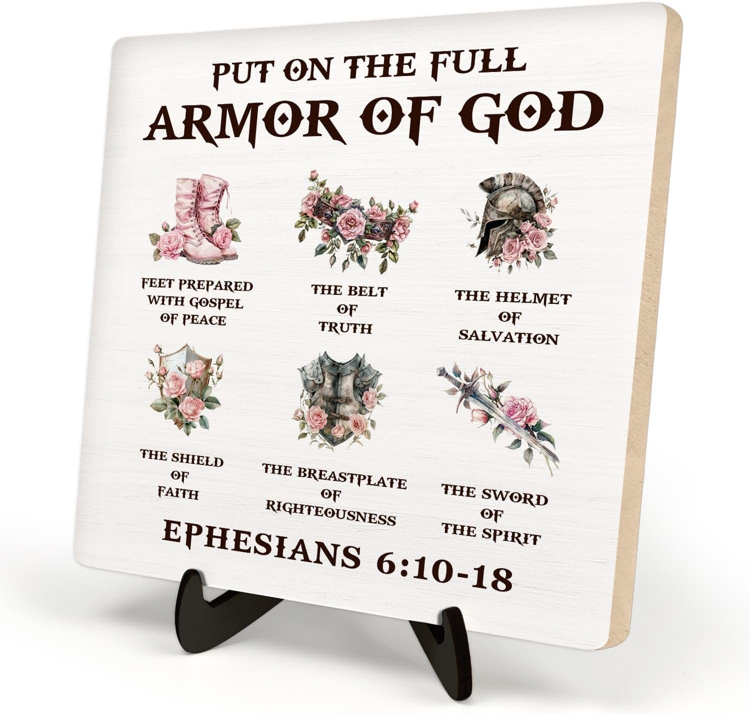 Bible Verse Sign, Put on the Full Armor of God Religious Wood Plaque,Christian Sign ,Prayer Table Art Signs, Wooden Sign Desk Decor, Positive Home Decor Gift for Men,5.9×5.9inch (PHESIANS 6:10-18 white)