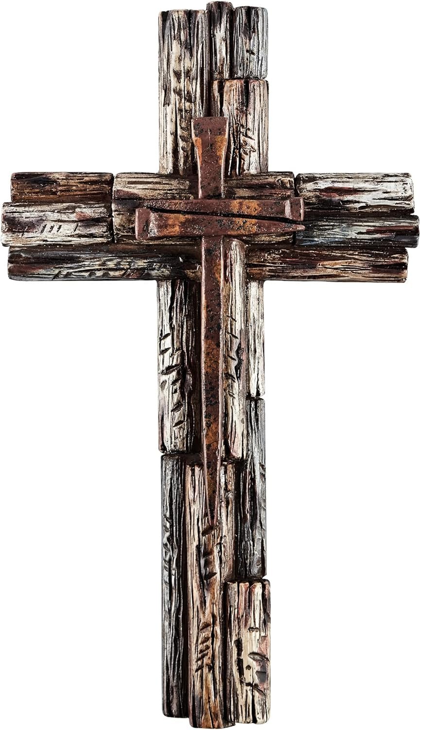 Eagrafts Rustic Decorative Layered Wood Like Resin Wall Cross With Faux Iron Nails, Home Wall Decor