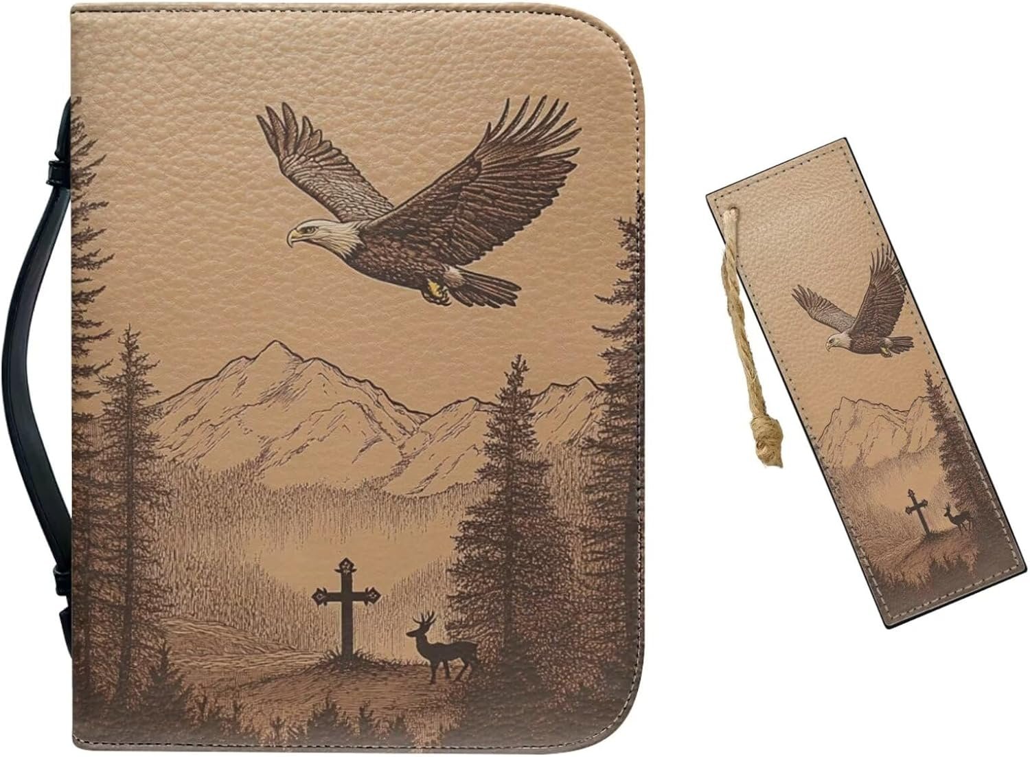 Bible Cover & PU Leather Bible Case – Bald Eagle Cross & Deer Design for Men & Boys Large (11.2″x8″x2.2″) Great Gift for Christians Christmas Large Bible Cover Bible Case Size