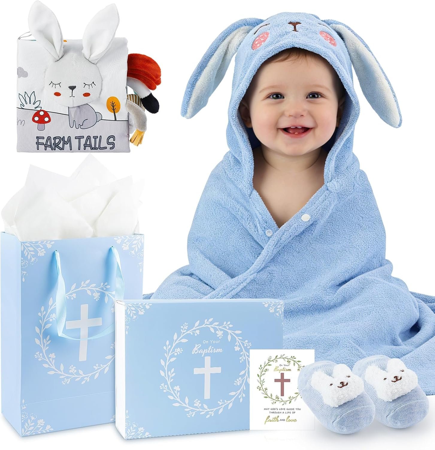 GiftAmaz Baptism Gifts Set for Boys, Christening Dedication Gifts with Hooded Baby Towel, Sensory Cloth Book & Socks, Catholic Baptism Gift Basket for Newborn Baby, Infant, Godparents