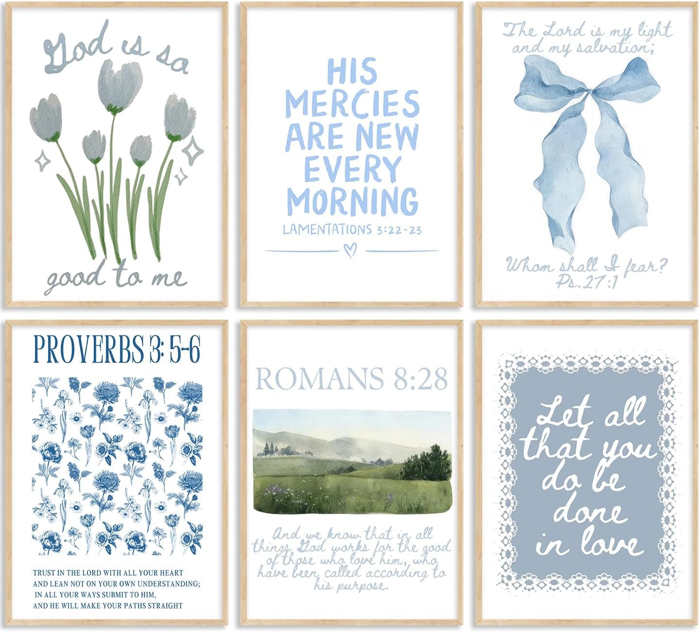 Set of 6 Trendy Blue Christian Canvas Wall Art Bible Verses Preppy Posters Coquette Blue Bow Biblical Painting Pictures Religious Scripture Prints for Girls Room Dorm Apartment Home Decor Unframed