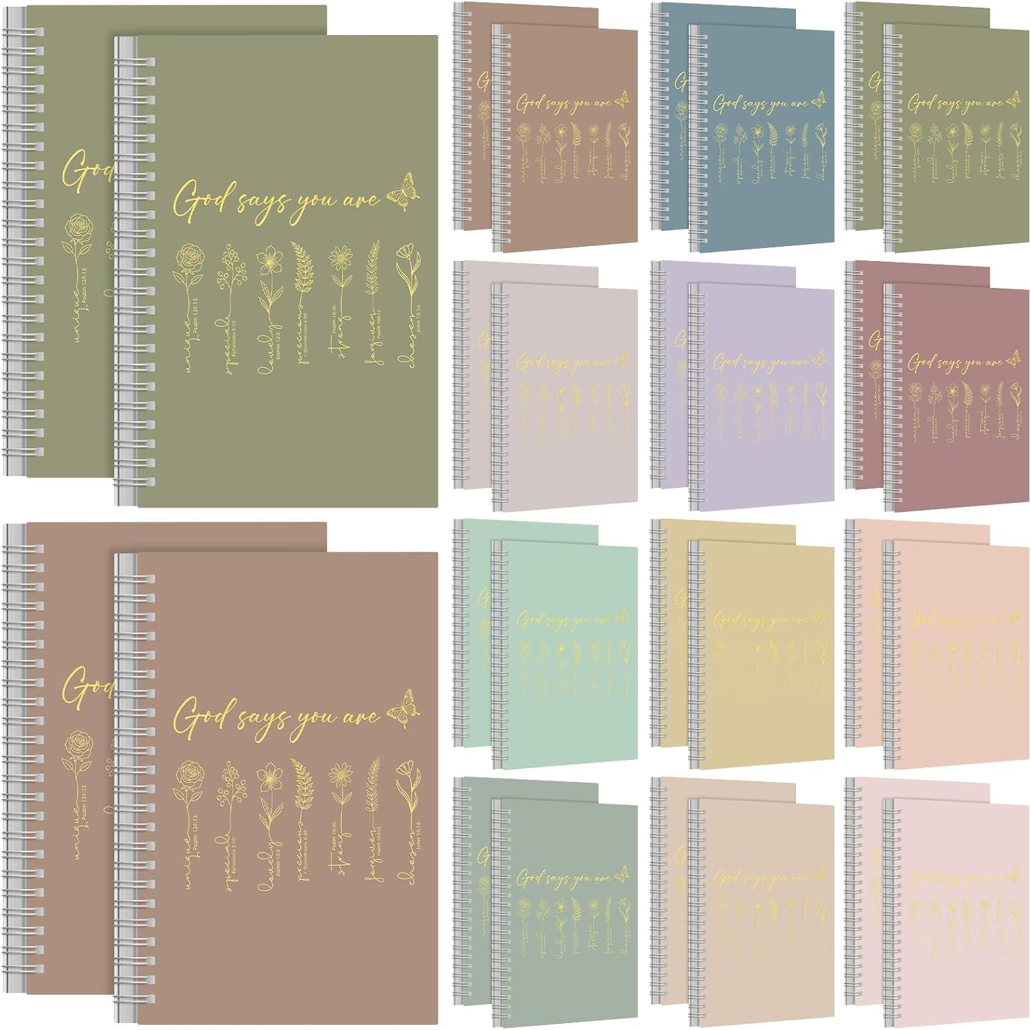 MotiMind 24 Pcs Floral Christian Spiral Notebook Set Christian Gifts for Women God Says You Are Bible Verse Inspirational Prayer Journal with Gold Foil Cover for Church 5.5″ x 8.3″ (Morandi)