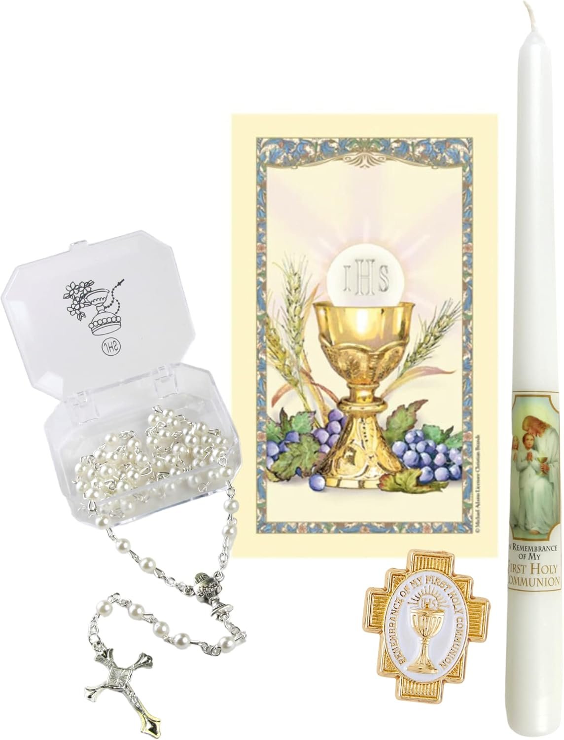 Needzo First Communion Gift Set with Candle, White Rosary, Lapel Pin, and Prayer Card, Catholic Present Ideas for Girls (Pack of 4)