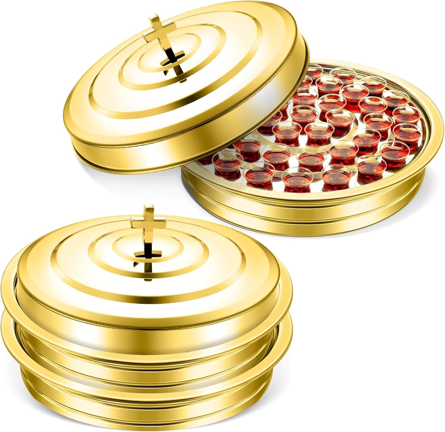 Jingmore Communion 2 Trays with Lid Christmas Holy Wine Serving Trays House up 80 Cups Stacking Stainless Steel Churches Ware Wine Bread Christmas Party Supplies (Gold)