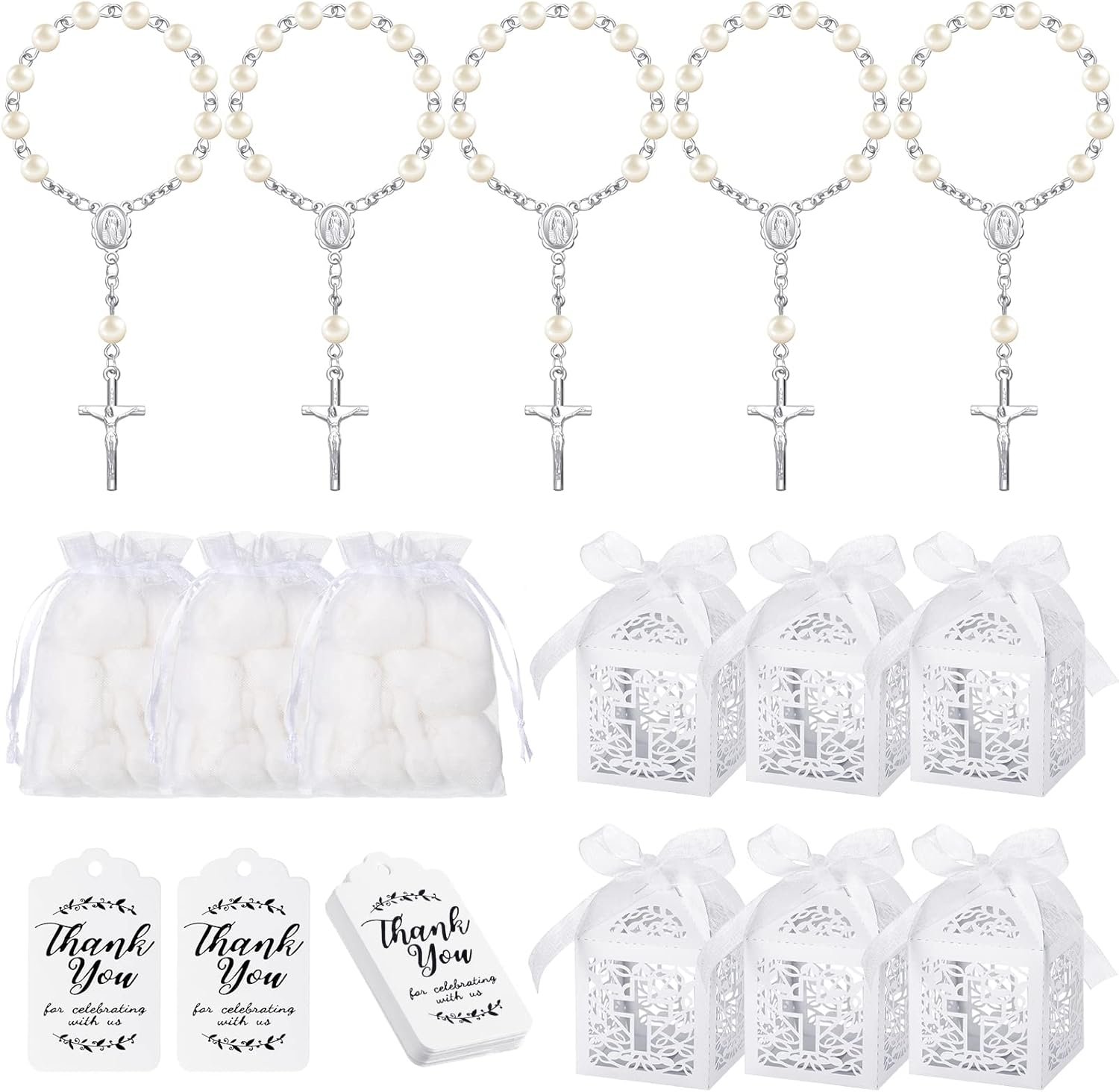 MTLEE 100 Pieces Baptism Favors Set Includes Mini Rosary Baptism Favors Boxes White Organza Bags with Drawstring Thank Tags for Christening Weddings Christian Party
