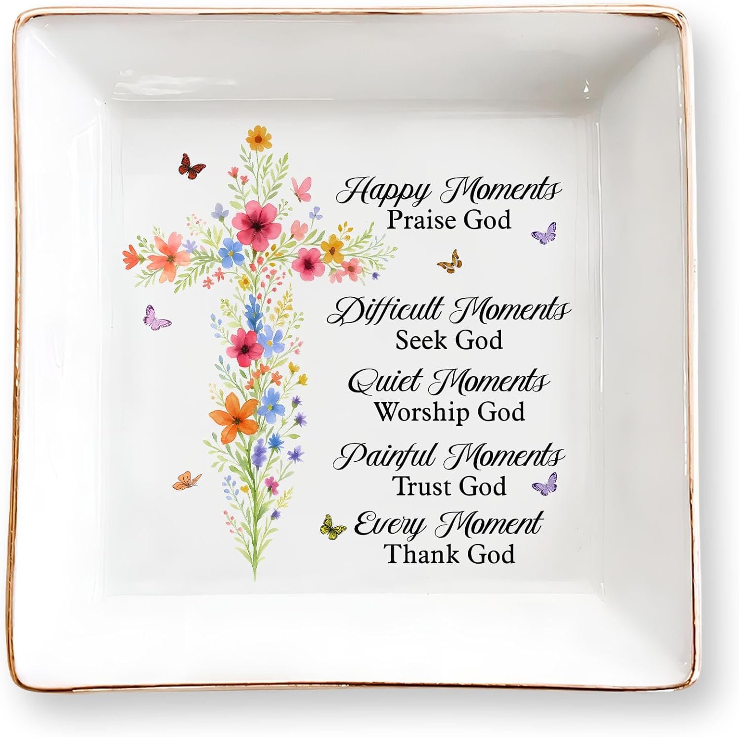 Christian Gifts for Women, Faith Inspirational Gifts – Floral Cross 4″ Jewelry Dish, Religious Gift for Mom, Sister, Daughter, Friends – Catholic Bible Verse, Communion, Confirmation Gift for Her