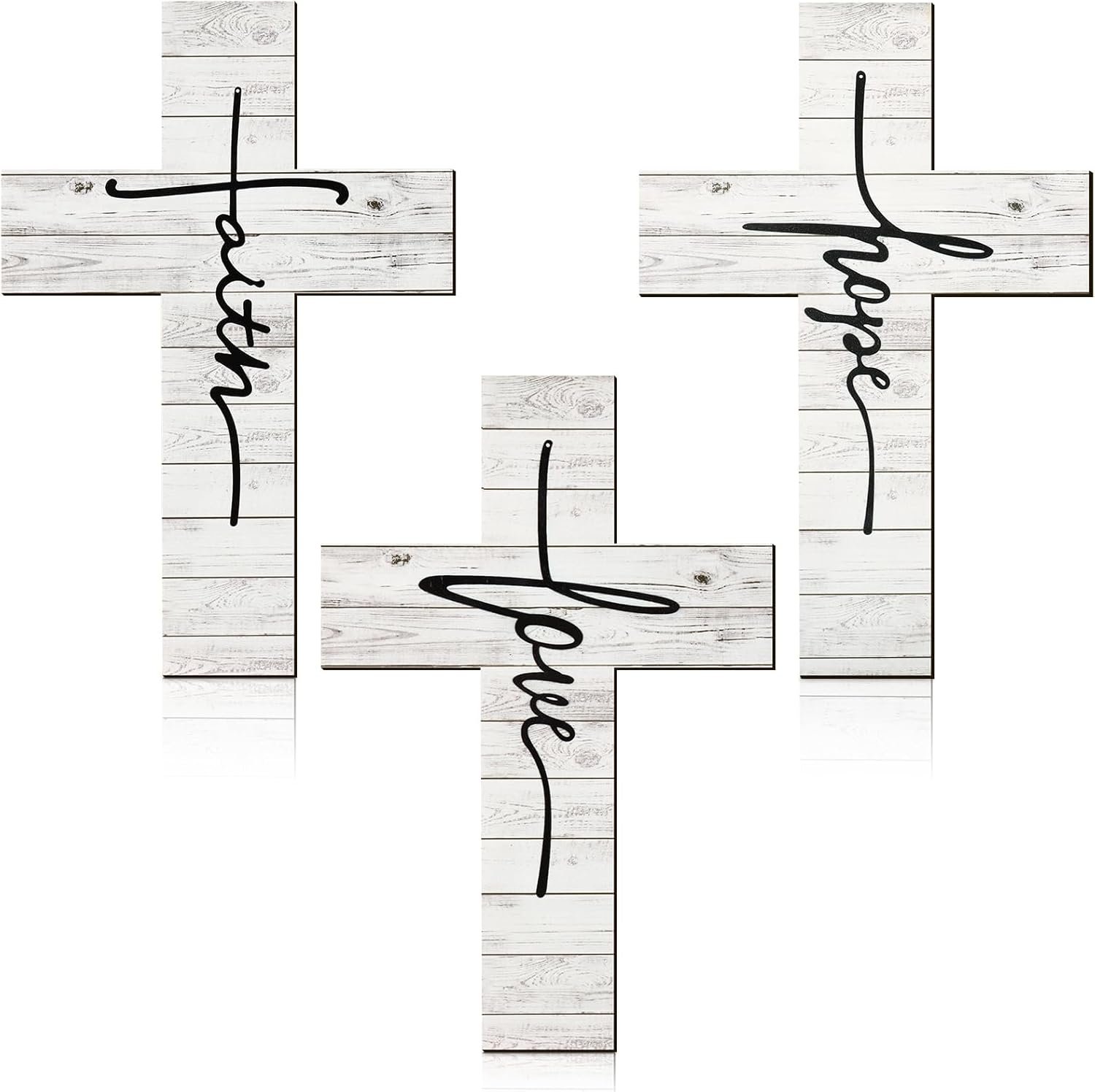 Jetec 3 Pieces Easter Faith Love Hope Cross Sign Crosses Wall Decor Wood Wall Hanging Rustic Cross Vintage Religious Love Art Decor Farmhouse Home Hanging Decorations, 12 x 8 Inch(White)