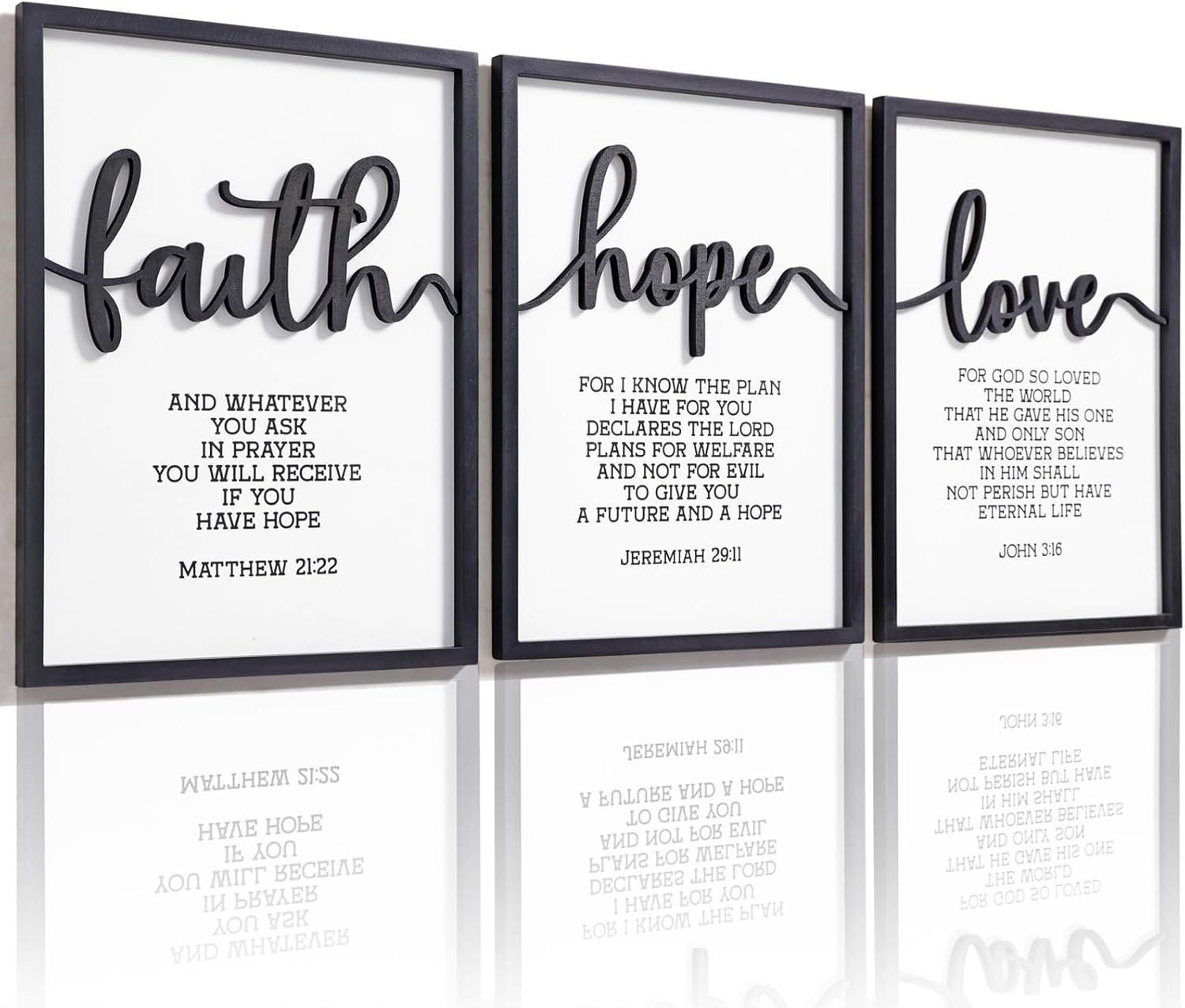 3D Wood Faith Hope Love Wall Decor, Christian Wall Art Bible Verses Wall Decor Scripture Wall Art for Bedroom Bathroom Kitchen Living Room Office(12×16 inches, Set of 3, Framed)