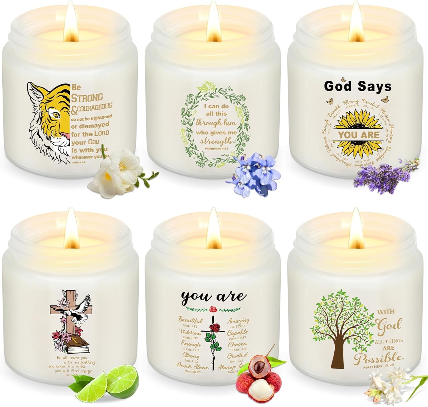6 Pcs Mothers Day Christian Gift Religious Scented Candles 3.5oz Palm Wax Jar Jesus Candle Inspirational Catholic Bible Verse Spiritual Faith Gift for Women Prayer Church, 6 Scents