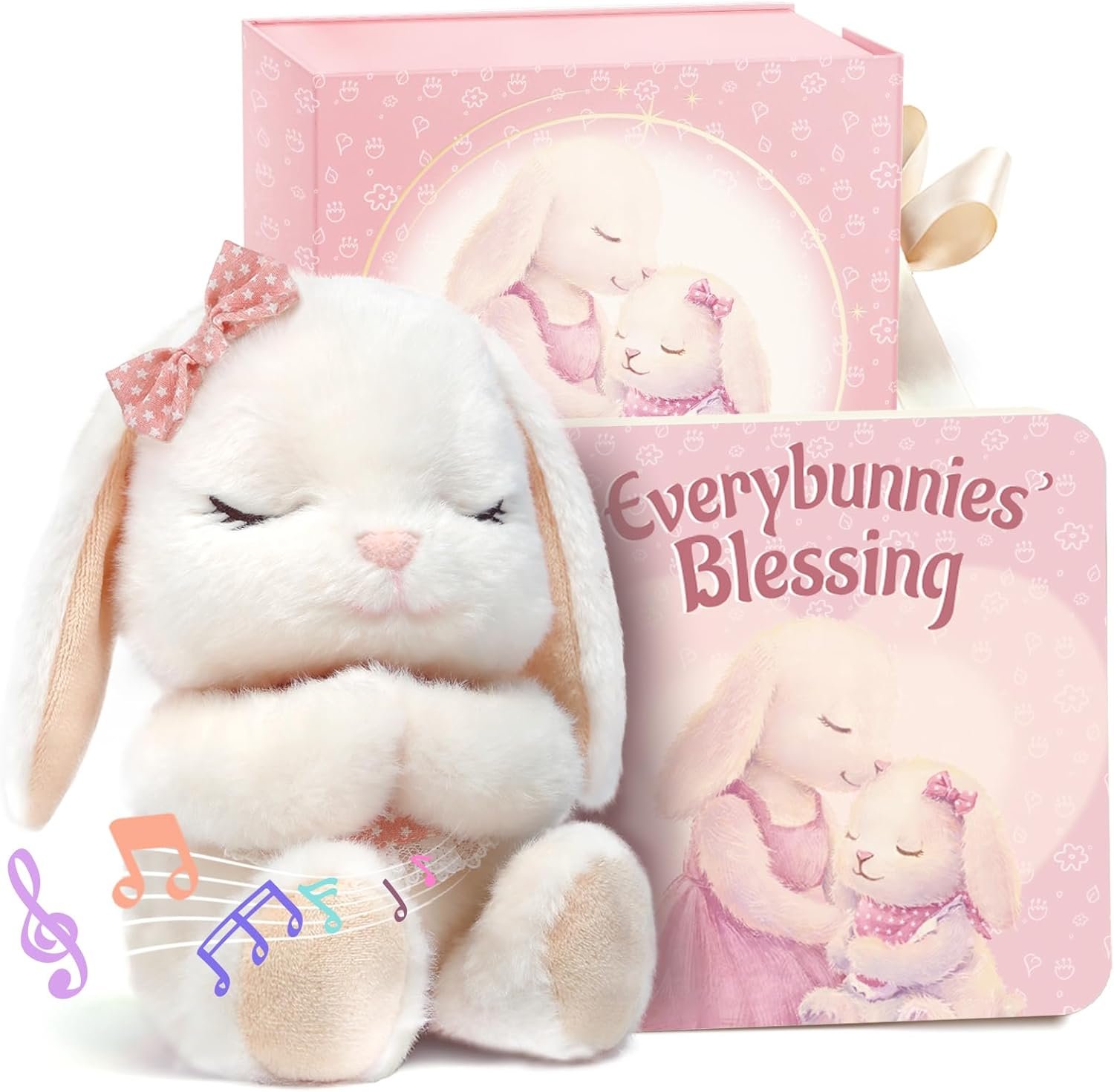 Baptism Gifts for Girl, Catholic Christening, Baby Dedication & Baptismal Gift Set for Baby Girls & Kids, with 9″ Musical Praying Bunny Plush Toy & Everybunnies’ Blessing Book in Keepsake Box