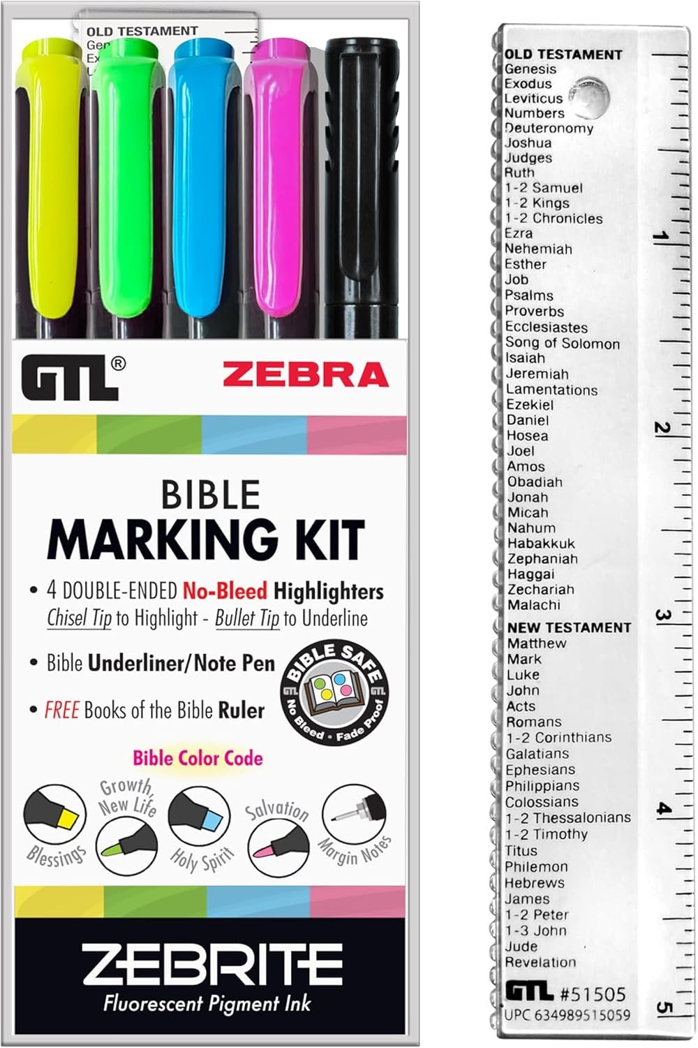G.T. Luscombe Company, Inc. Zebrite Bible Marking Kit | No Bleed Pigmented Ink | No Fading or Smearing | Double Ended Highlighters, Note Pen & Books of the Bible Ruler/Bookmark (Set of 5 + Ruler)