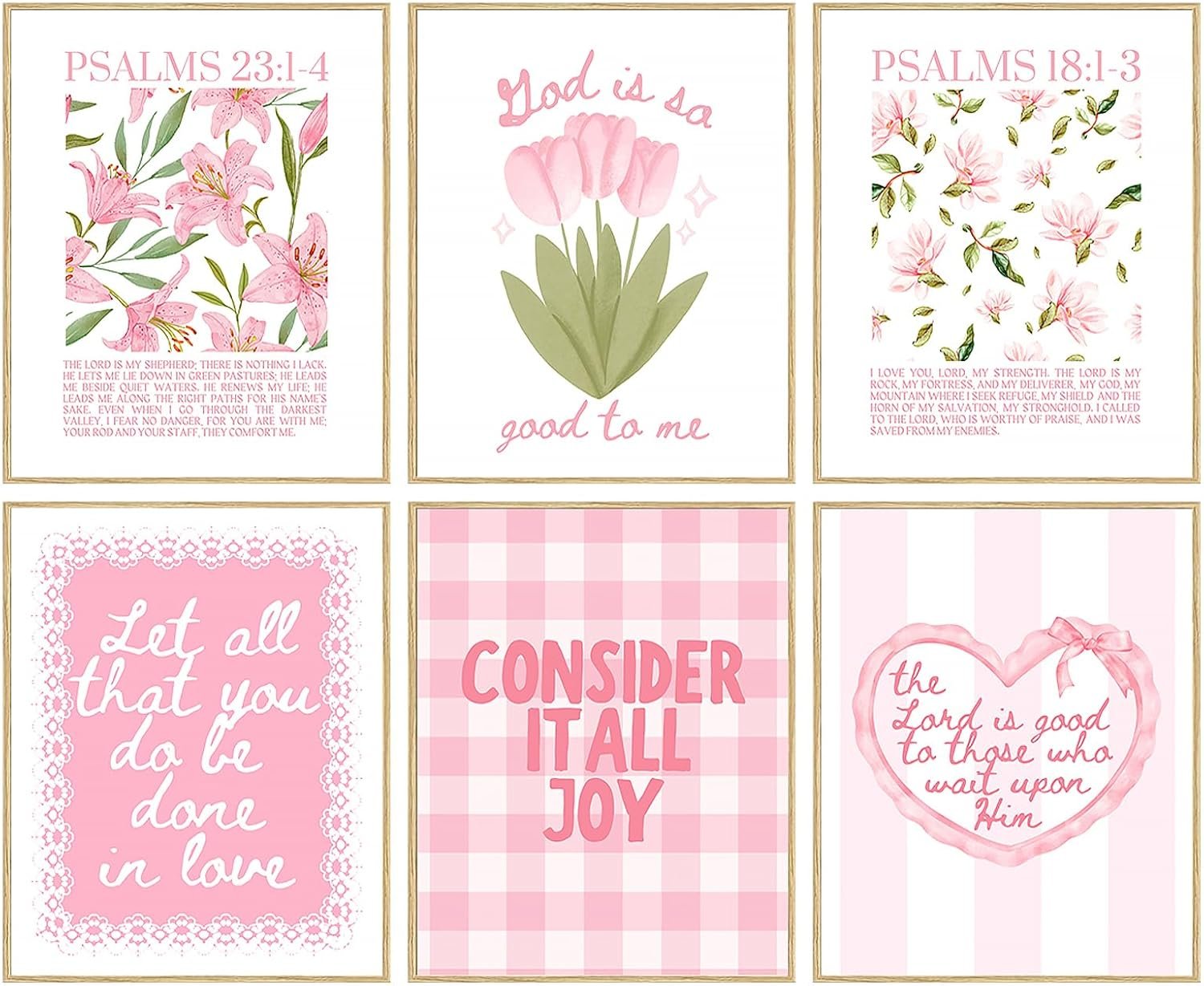 Pink Bible Verse Wall Art Set of 6 Religious Preppy Wall Decor Christian Floral Room Decor for Girls Scripture Cute Posters for Bedroom Christian Paintings Jesus Canvas Print 8×10 Inch Unframed