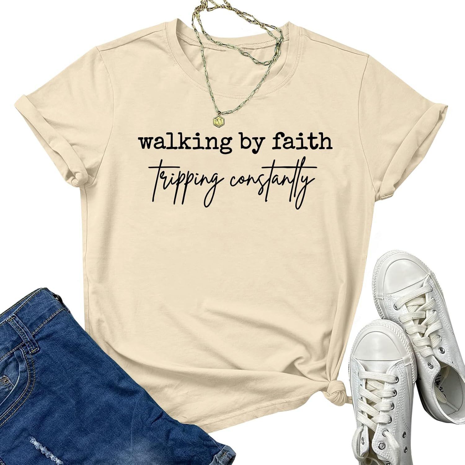 Christian Shirts for Women Walking by Faith Tripping Constantly Funny T Shirt Religious Graphic Inspirational Tees